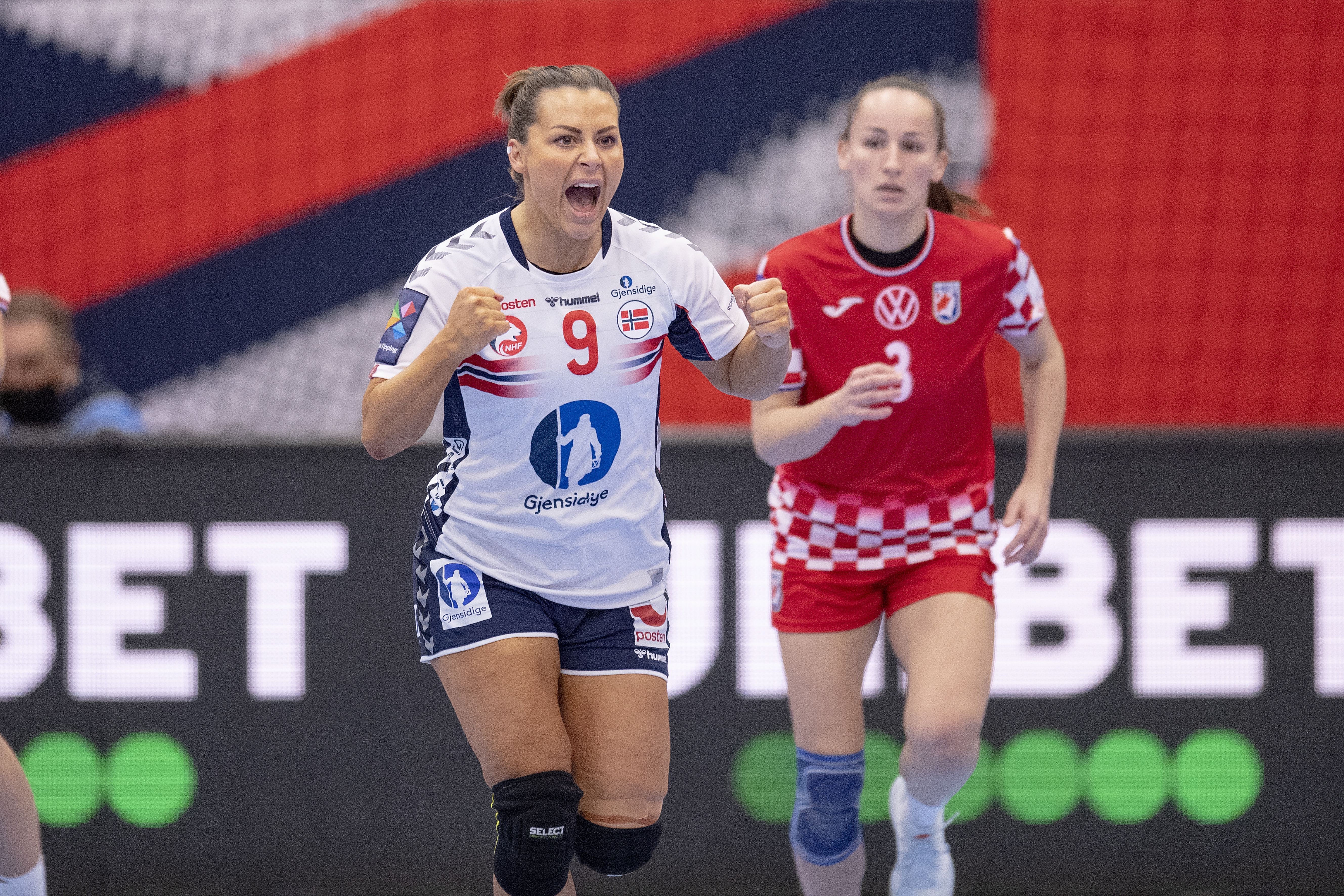 epa08879944 Nora Moerk of Norway celebrates during the EHF EURO 2020 European Women's Handball Main Round - Group II match between Croatia and Norway at Sydbank Arena in Kolding, Denmark, 12 December 2020.  EPA-EFE/Bo Amstrup  DENMARK OUT