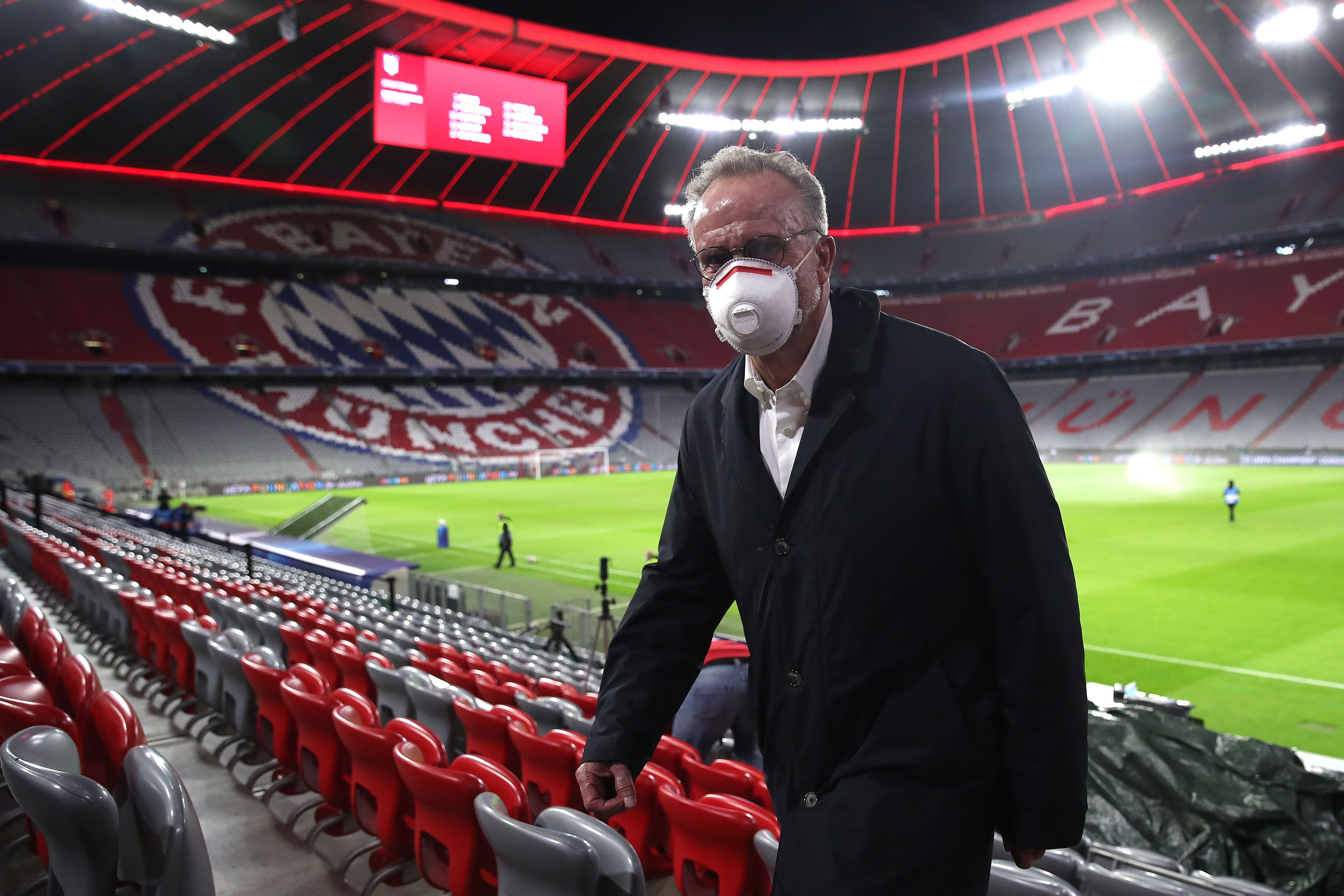 epa08763572 Karl-Heinz Rummenigge, CEO of FC Bayern Munich, looks on prior to the UEFA Champions League Group A stage match between FC Bayern and Atletico Madrid at Allianz Arena in Munich, Germany, 21 October 2020.  EPA-EFE/Alexander Hassenstein / POOL