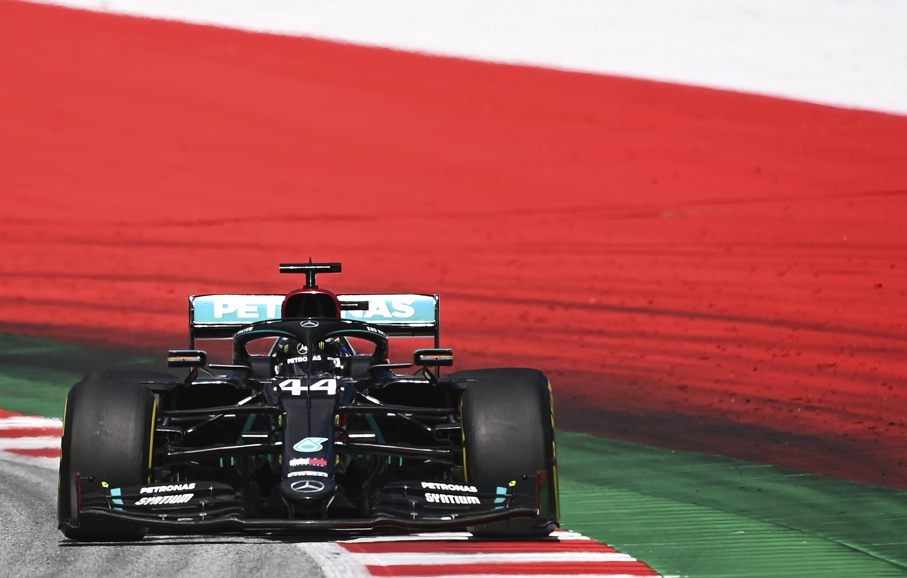 Mercedes driver Lewis Hamilton of Britain steers his car during the Styrian Formula One Grand Prix at the Red Bull Ring racetrack in Spielberg, Austria, Sunday, July 12, 2020. (Joe Klamar/Pool via AP)