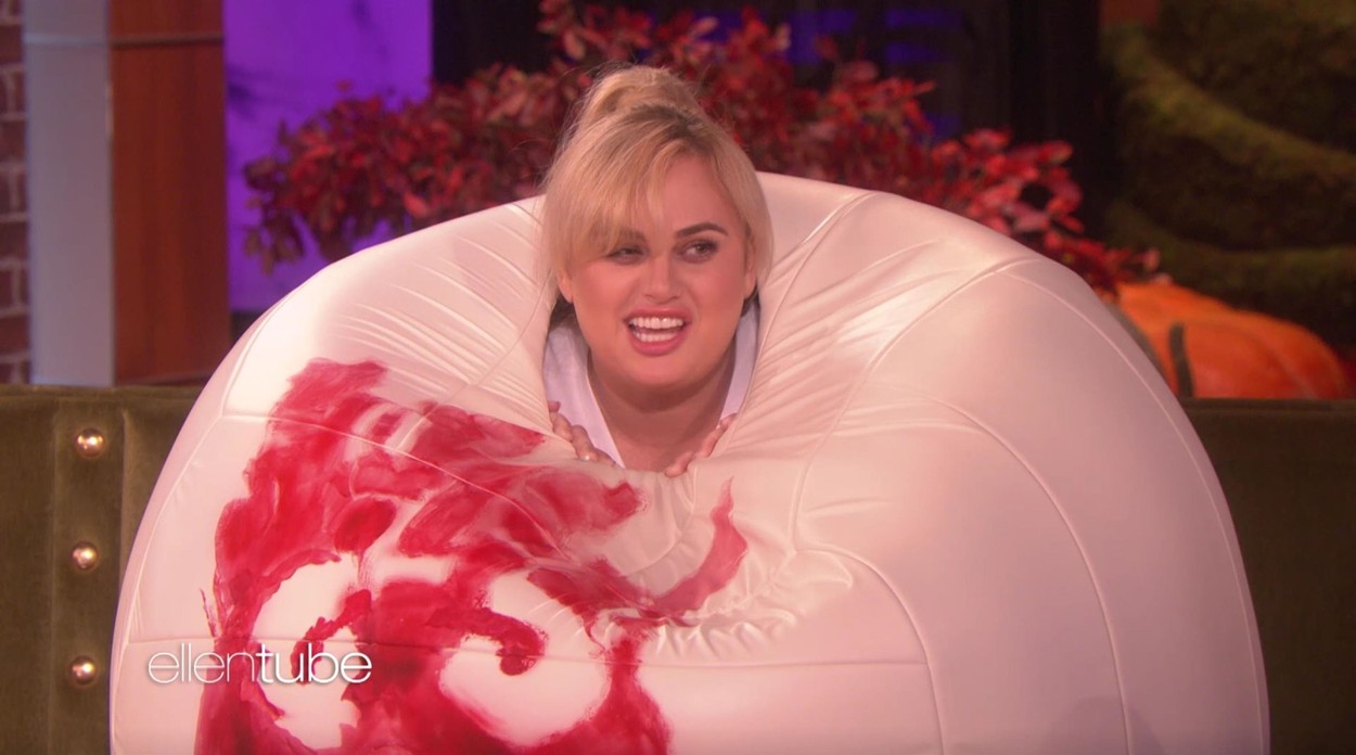 Rebel Wilson hints there will be Pitch Perfect 4 as she appears on The Ellen Show dressed as the volleyball Wilson from the movie Castaway