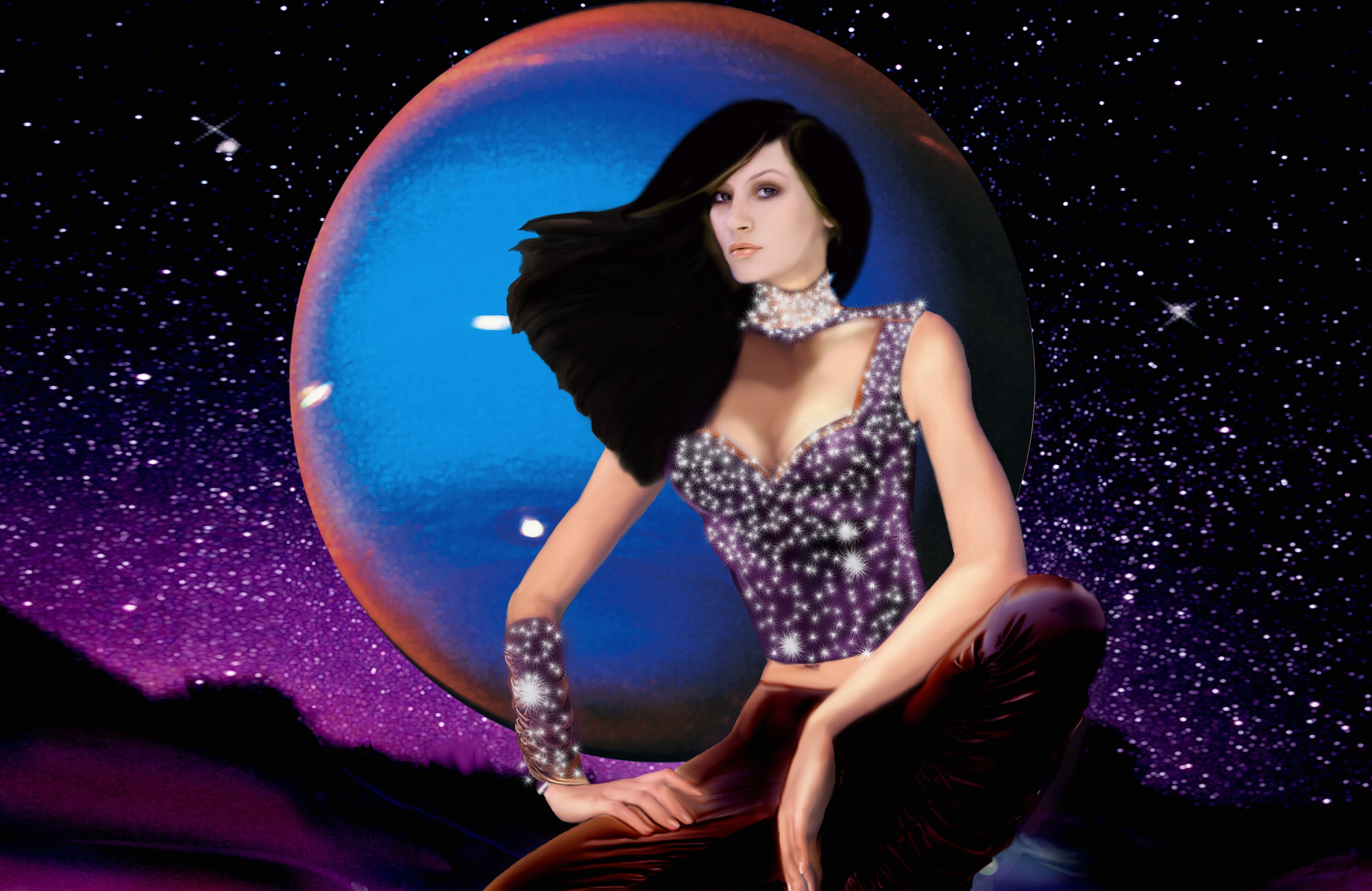 Woman sitting in front of the moon