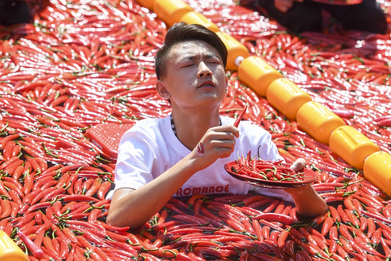 A red cluster pepper eating contest was held in a swimming pool in Hangzhou, Zhejiang,China on 01th September, 2019