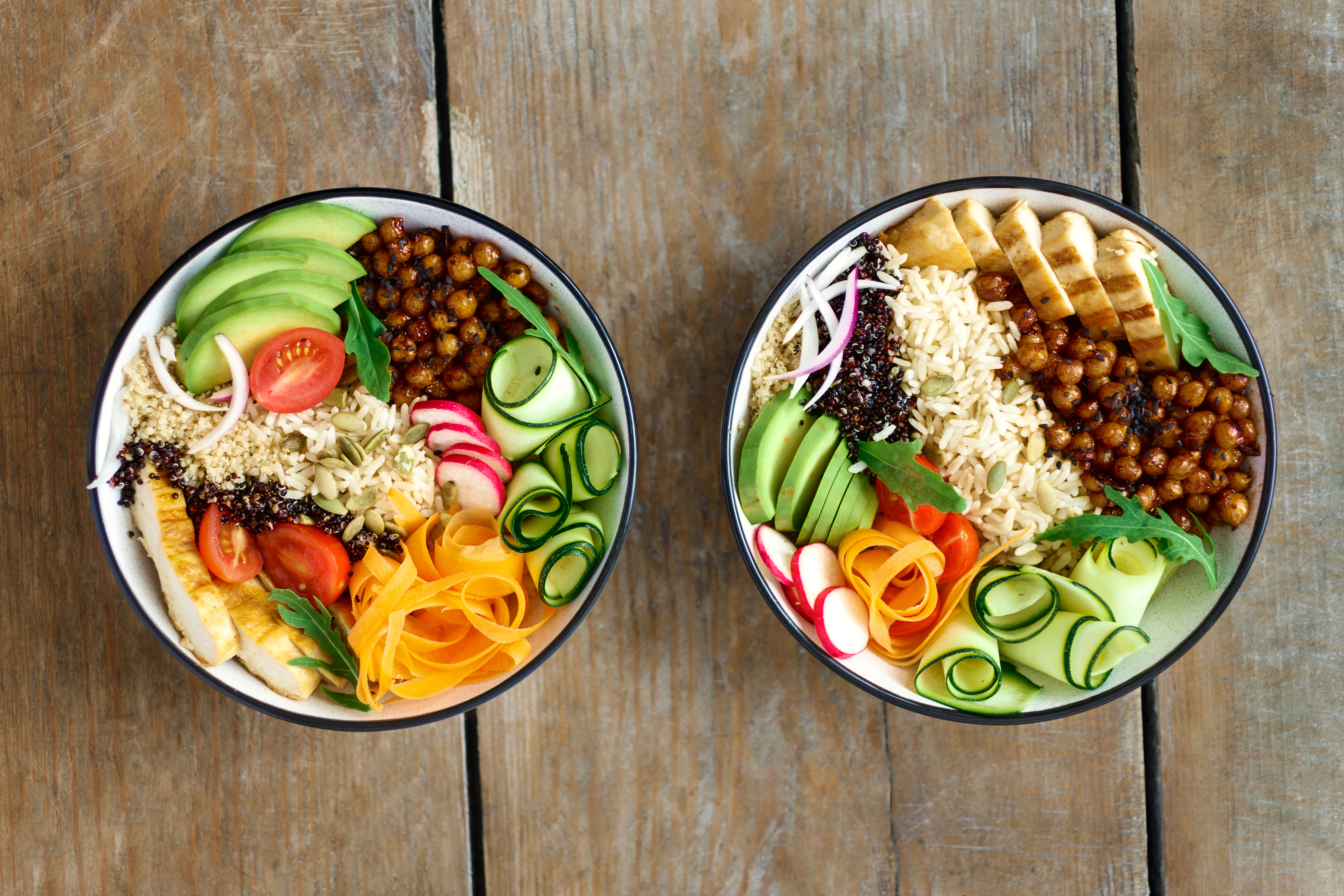 Top view two buddha bowl Clean balanced healthy food concept Chi