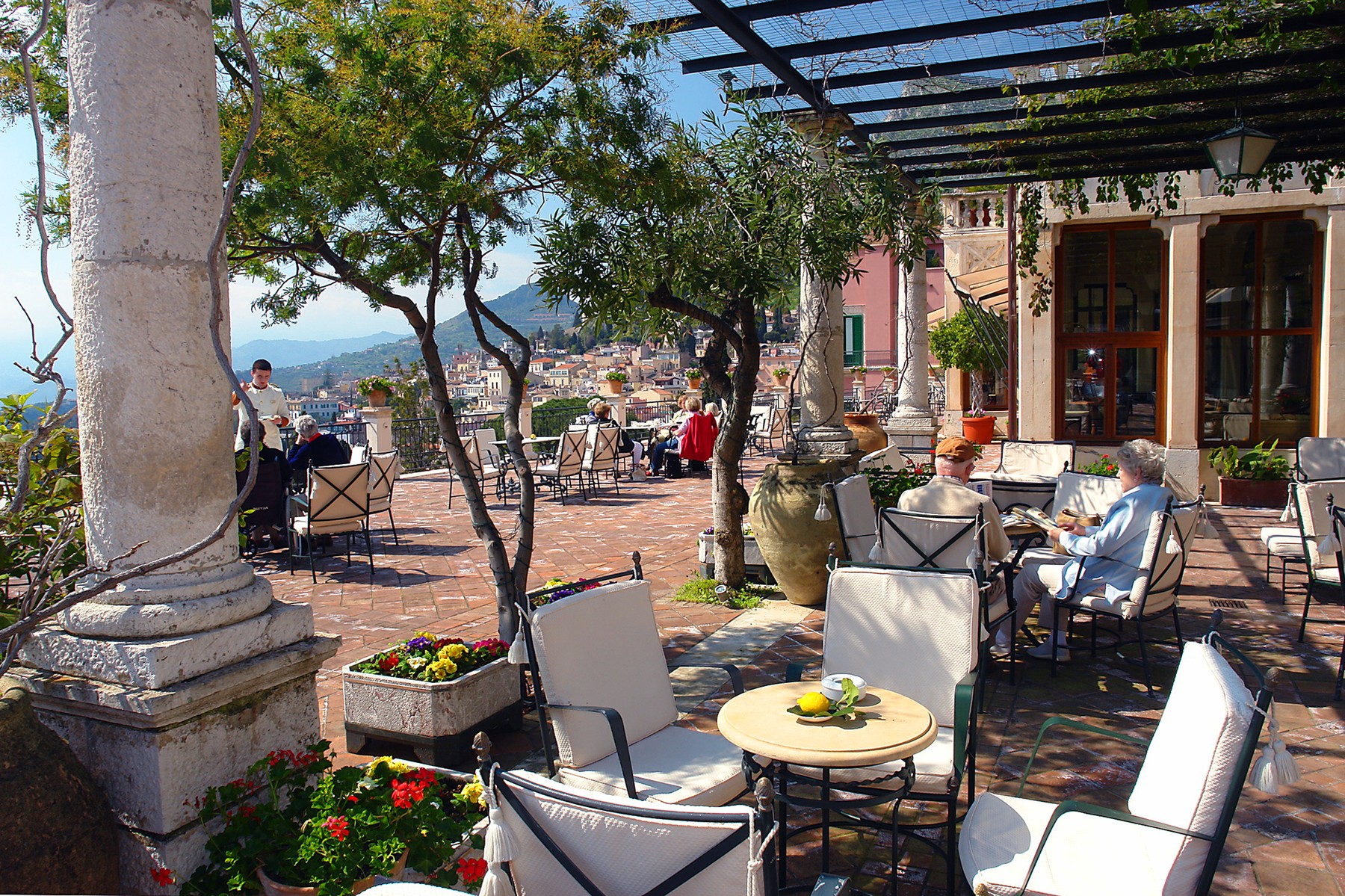 Terrace of Timeo Hotel, Taormina, Sicily, Italy