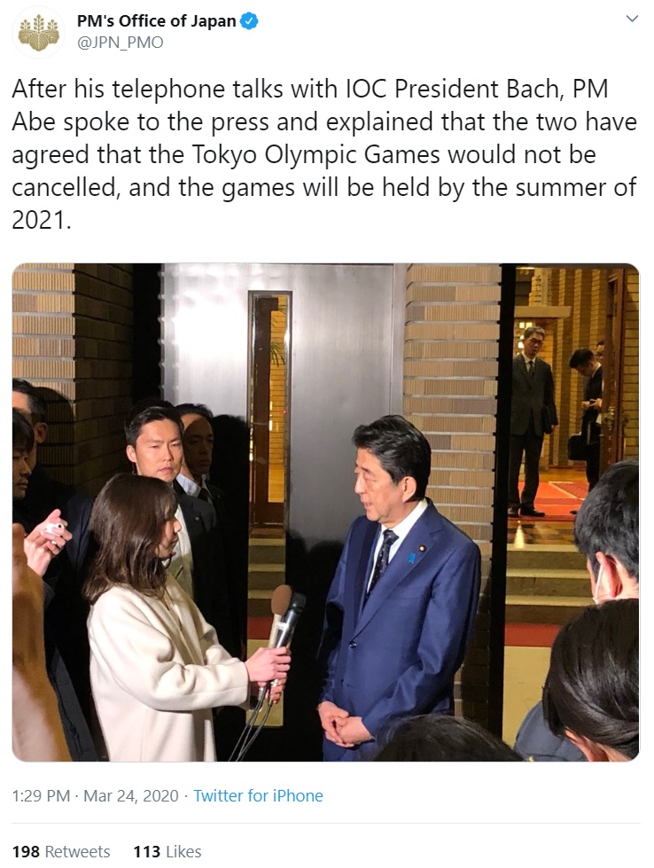 Šinzo Abe Tokio 2020
Foto: Tviter/PM's Office of Japan