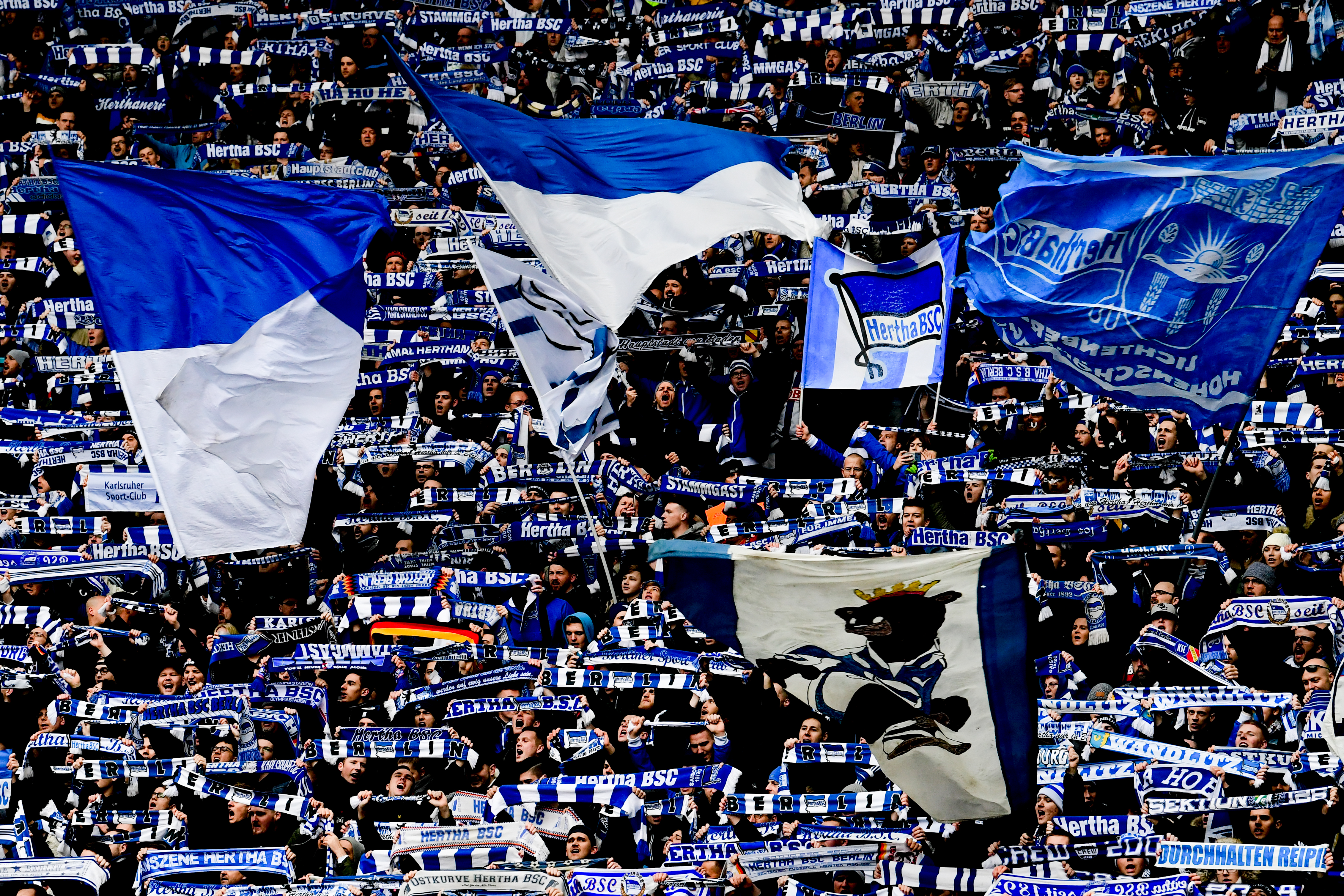 epa08141564 Hertha fans cheer during the German Bundesliga soccer match between Hertha BSC and FC Bayern Munich in Berlin Germany, 19 January 2020.  EPA-EFE/FILIP SINGER