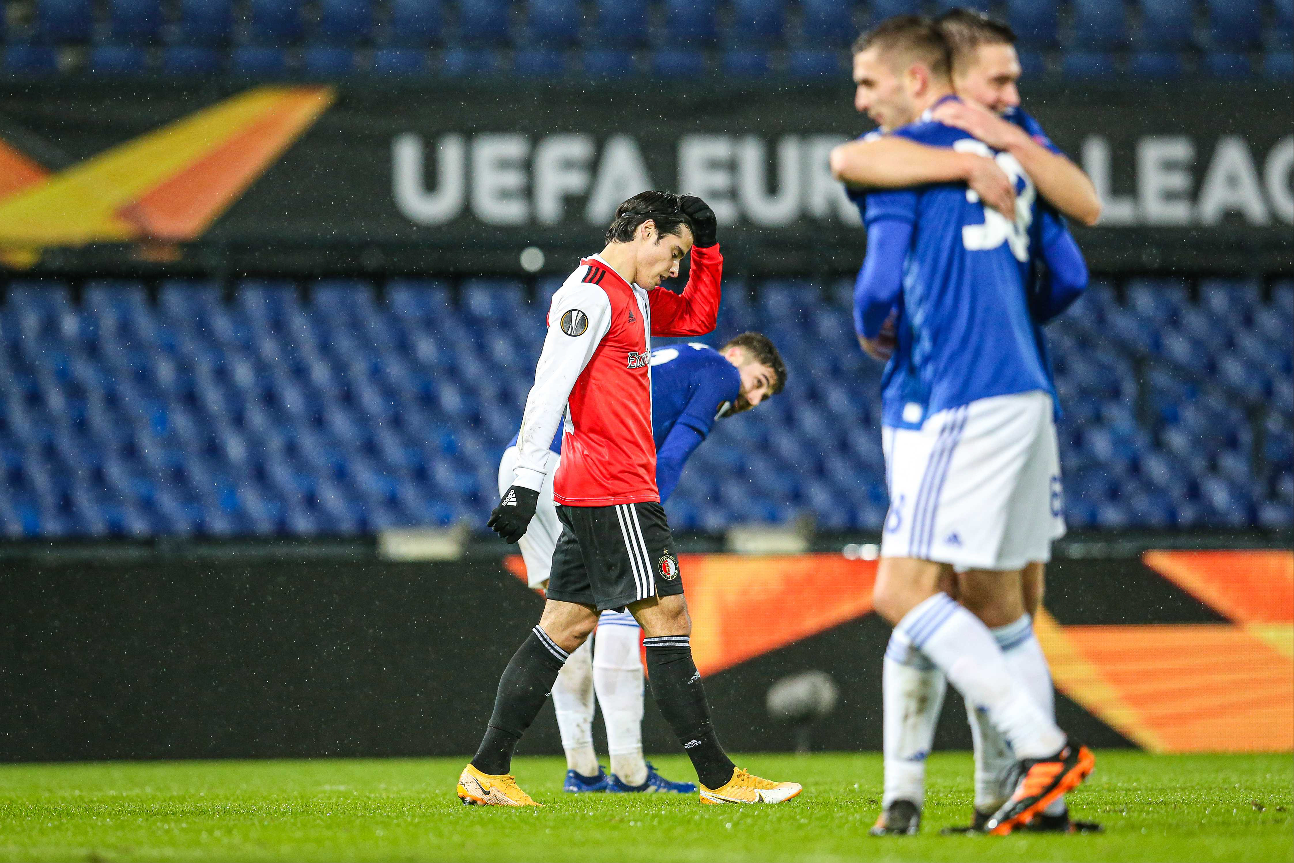 epa08860434 Joao Teixeira of Feyenoord reacts after the UEFA Europa League group K soccer match between Feyenoord Rotterdam and Dinamo Zagreb at the Kuip in Rotterdam, The Netherlands, 03 December 2020.  EPA-EFE/PIETER STAN DE JONGE