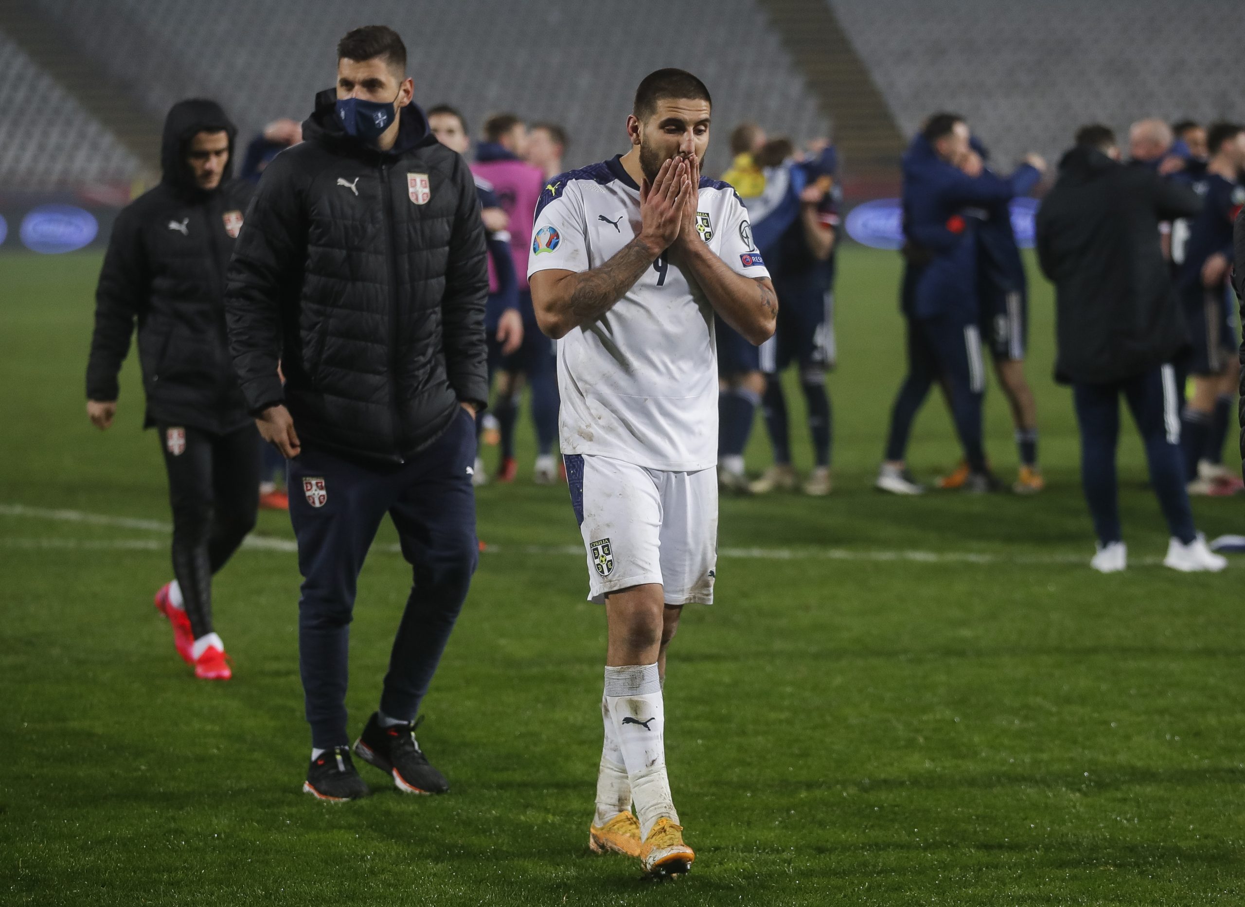 Fudbal Soccer UEFA EURO 2020 Qualifiers- Playoff-Srbija v Scotland
Aleksandar Mitrovic (C) looks dejected
Beograd, 12.11..2019.
foto: Srdjan Stevanovic/Starsportphoto ©