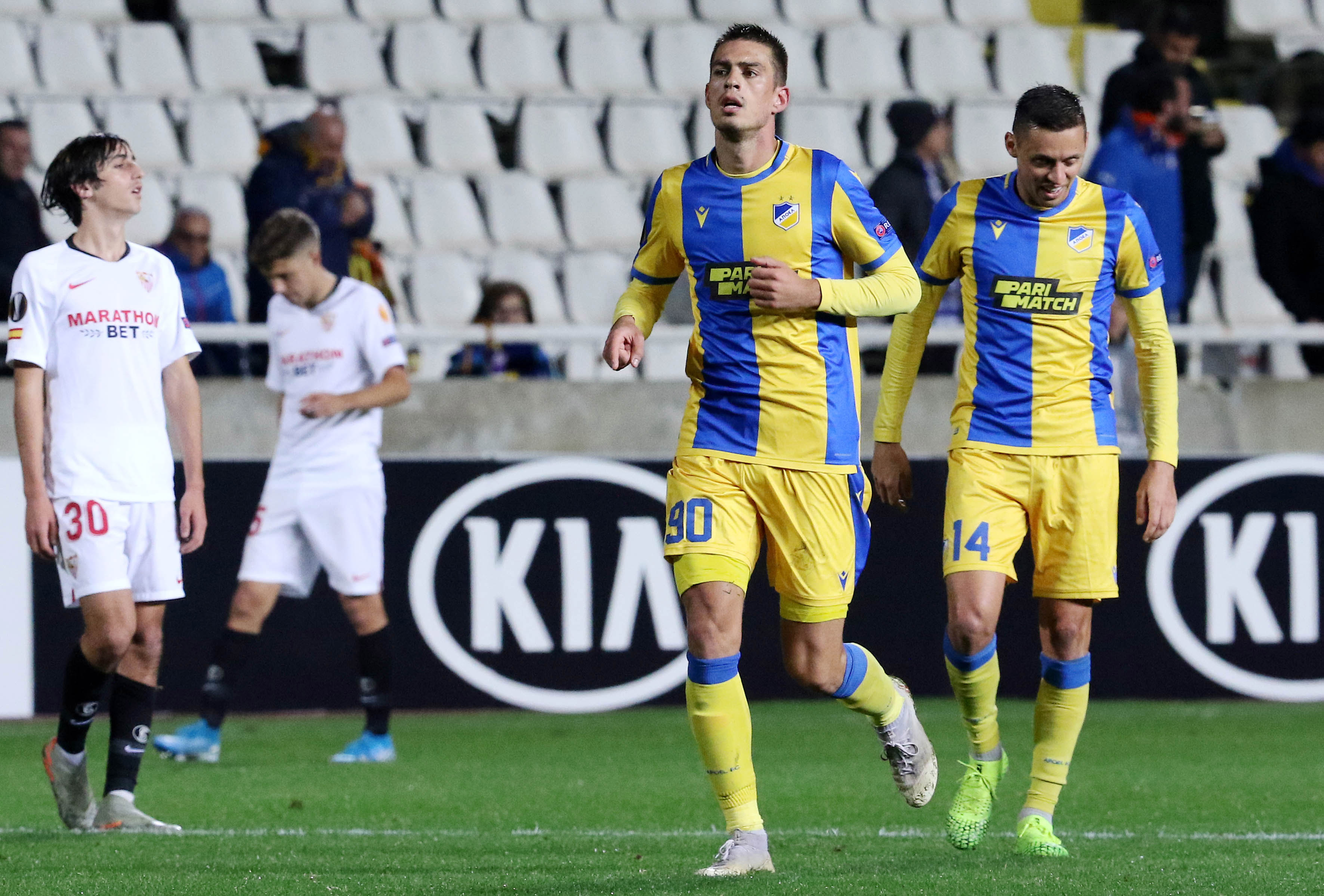 epa08066402 Vujadin Savic of Apoel celebrates after scoring a goal during the UEFA Europa League Group A soccer match between Apoel FC and Sevilla FC at the GSP Stadium in Nicosia, Cyprus, 12 December 2019.  EPA-EFE/KATIA CHRISTODOULOU