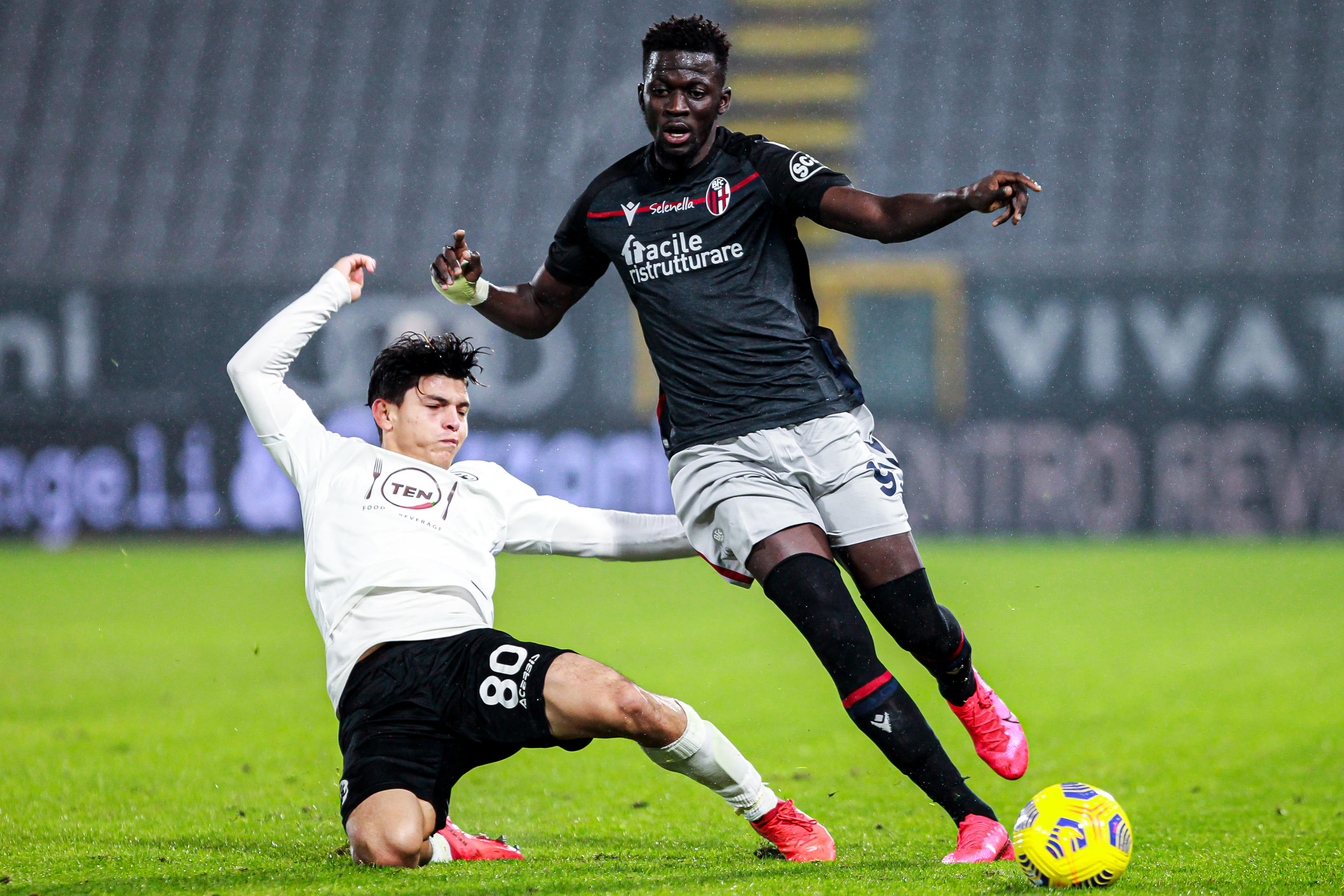 epa08888931 Spezia's Kevin Agudelo (L) and Bologna's Musa Barrow vie for the ball during the Italian Serie A soccer match Spezia Calcio vs Bologna FC at Alberto Picco stadium in La Spezia, Italy, 16 December 2020.  EPA-EFE/SIMONE ARVEDA