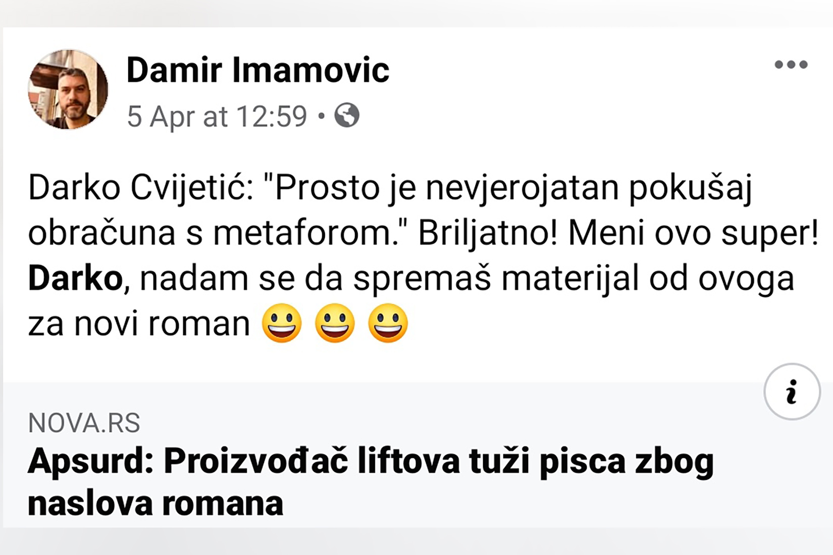 Darko Cvijetić, pisak, književnik, tužba. Damir Imamović Foto: Facebook/Damir Imamovic