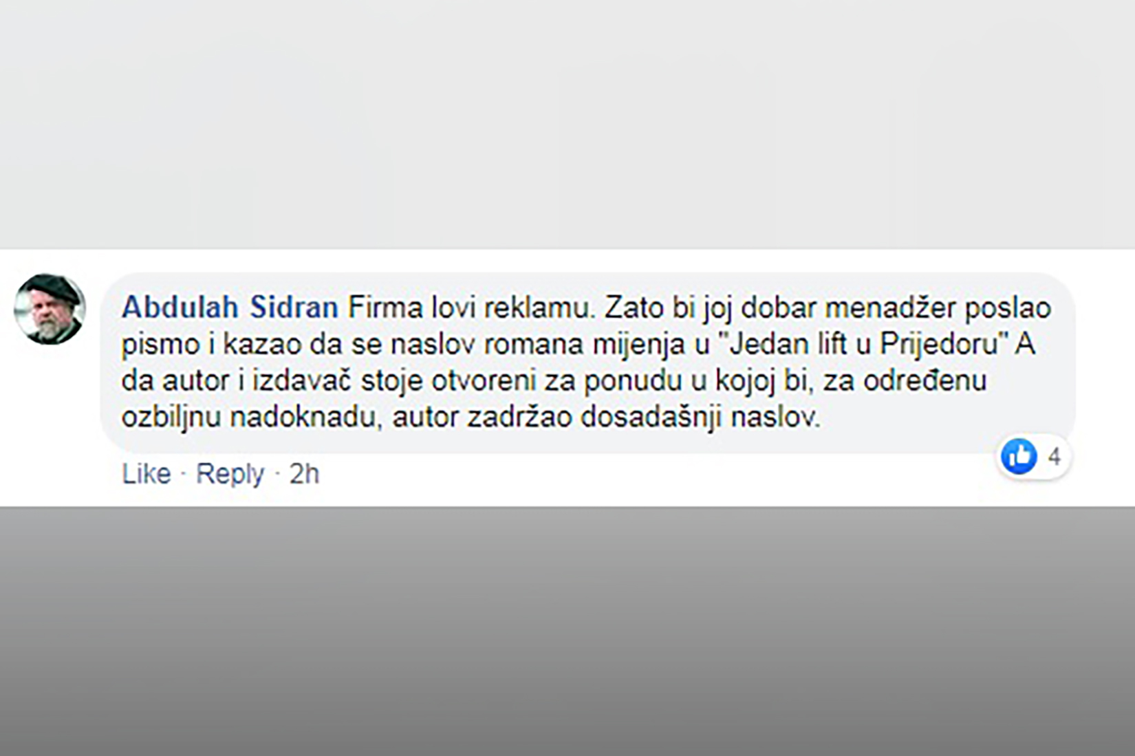 Darko Cvijetić, pisak, književnik, tužba. Abdulah Sidran Foto: Printscreen/Facebook/Abudlah Sidran