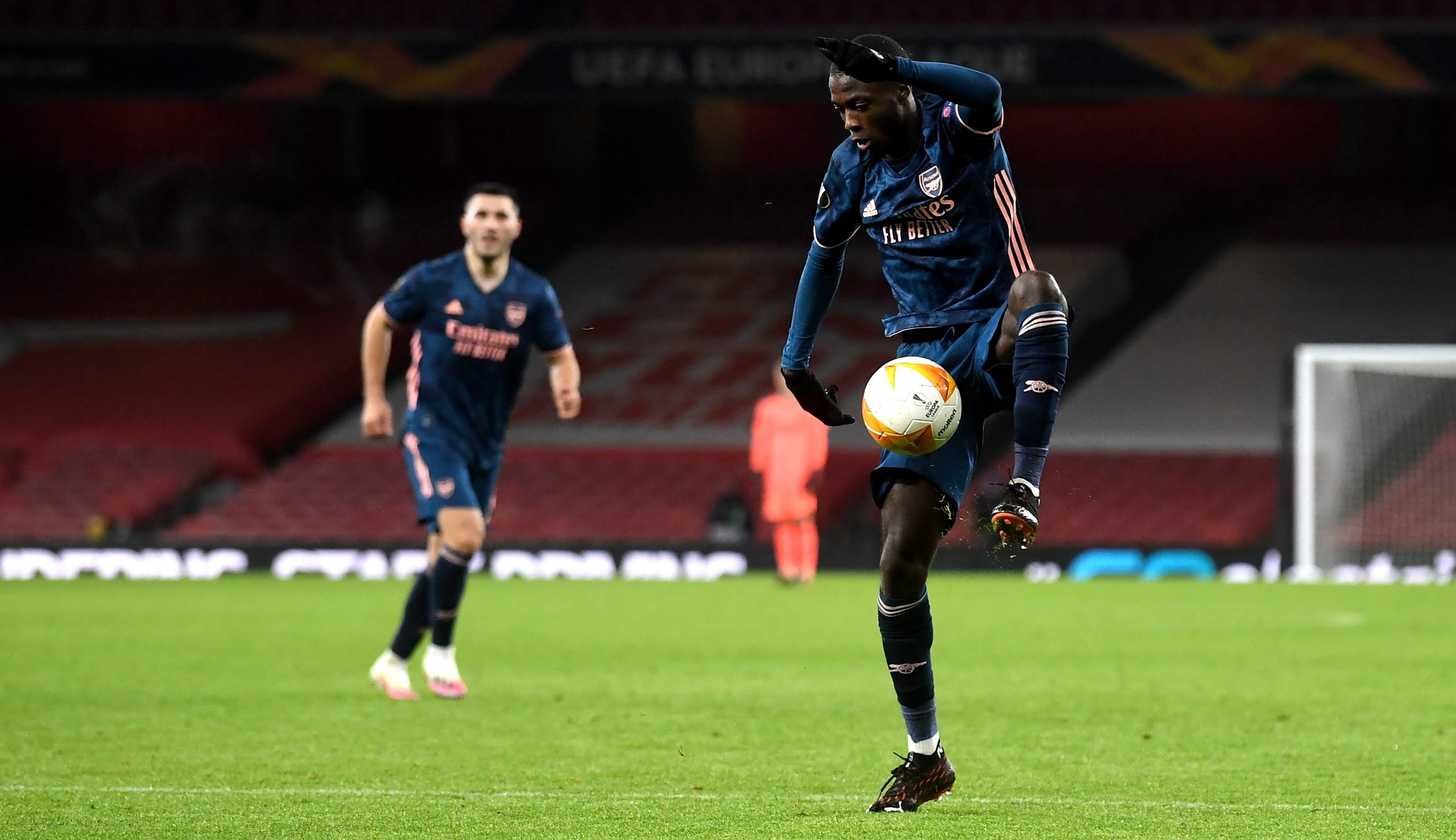 epa08860902 Arsenal's Nicolas Pepe in action during  the UEFA Europa League group B soccer match between Arsenal and Rapid Vienna in London, Britain, 03 December 2020.  EPA-EFE/NEIL HALL