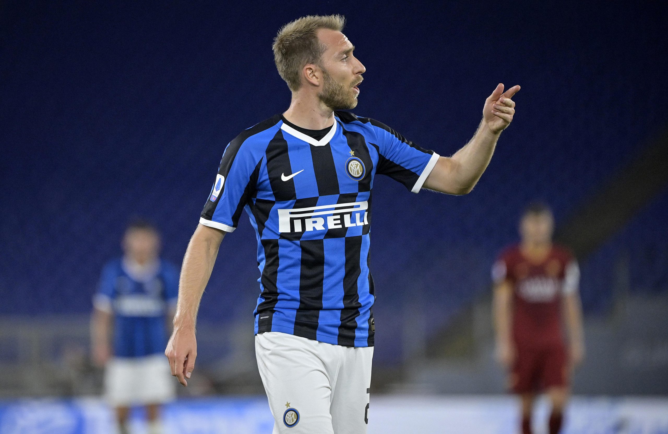 epa08555756 Inter's Christian Eriksen reacts during the Italian Serie A soccer match between AS Roma and FC Inter at the Olimpico stadium in Rome, Italy, 19 July 2020.  EPA-EFE/RICCARDO ANTIMIANI