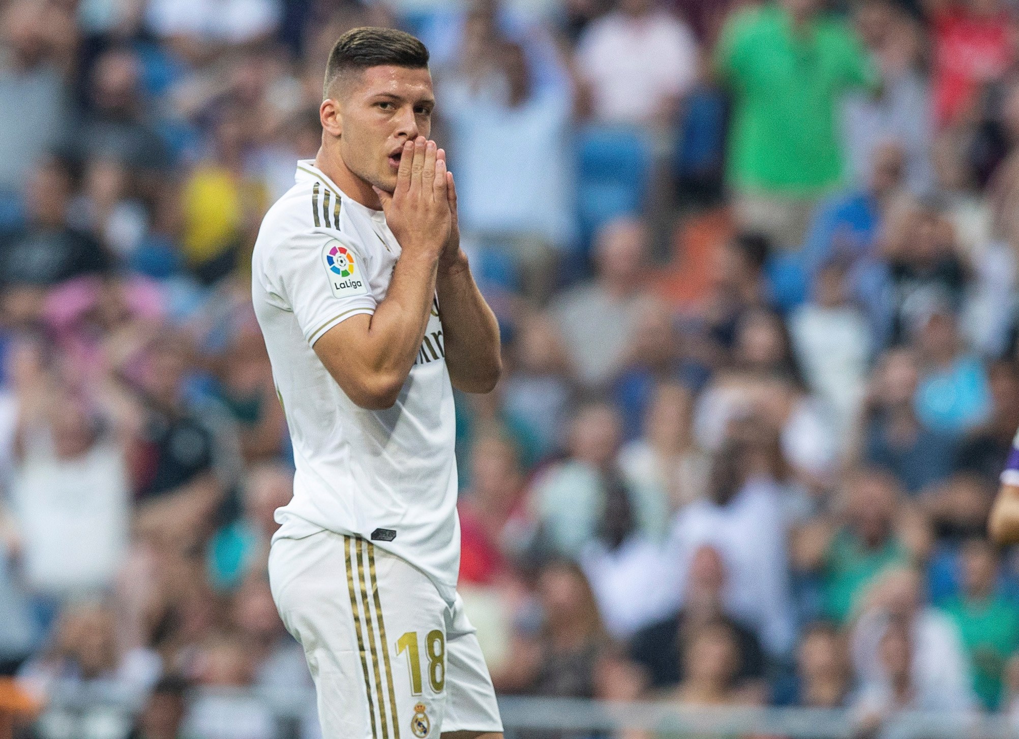 epa07791292 Real Madrid's forward Luka Jovic reacts during the Spanish LaLiga match between Real Madrid and Real Valladolid at Santiago Bernabeu stadium in Madrid, Spain, 24 August 2019.  EPA-EFE/Rodrigo Jimenez