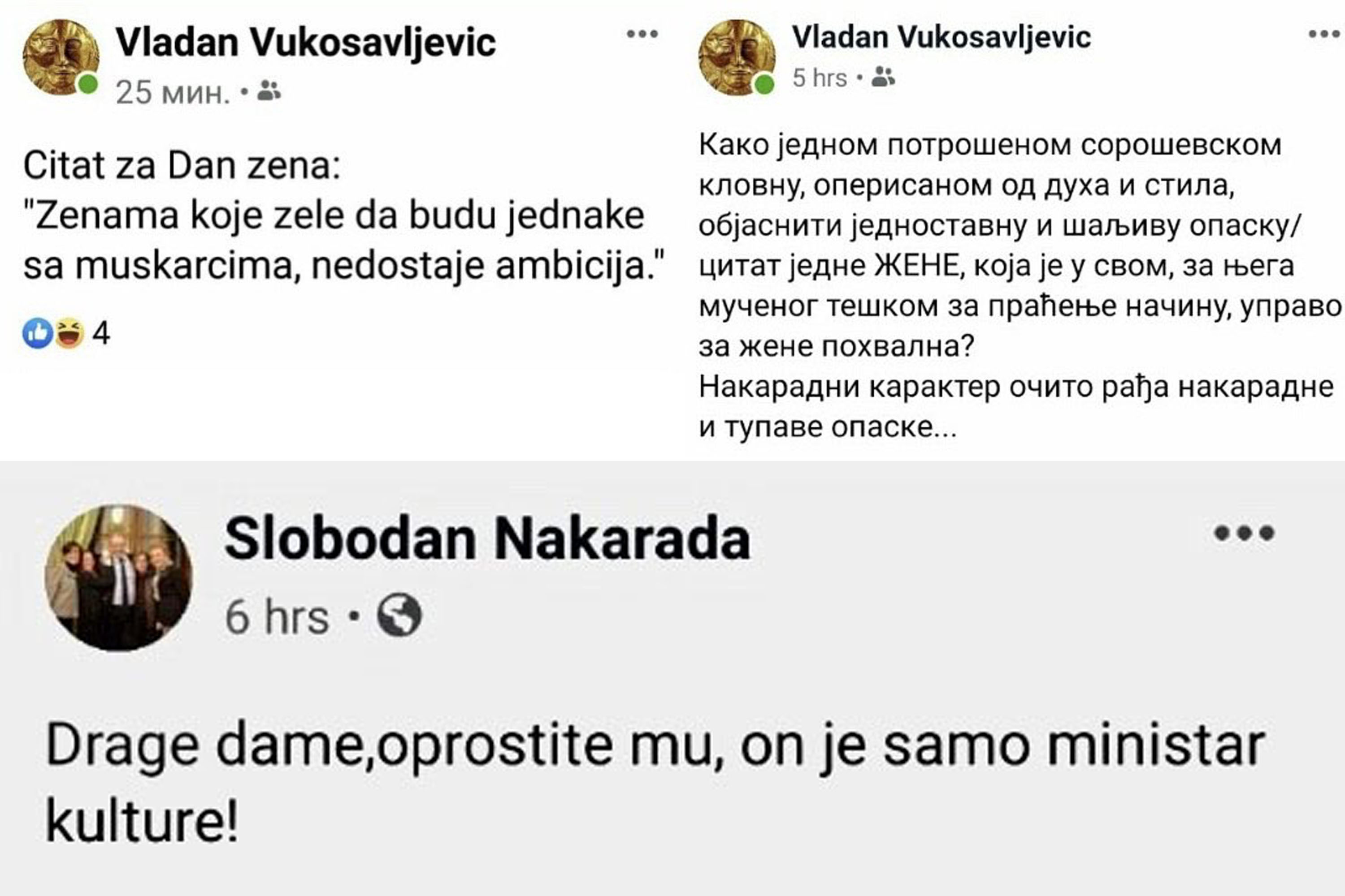 Izjave povodom dana žena, 8. mart, osmi mart, međunarodni dan žena Foto: Facebook/Slobodan Nakarada/Vladan Vukosavljević