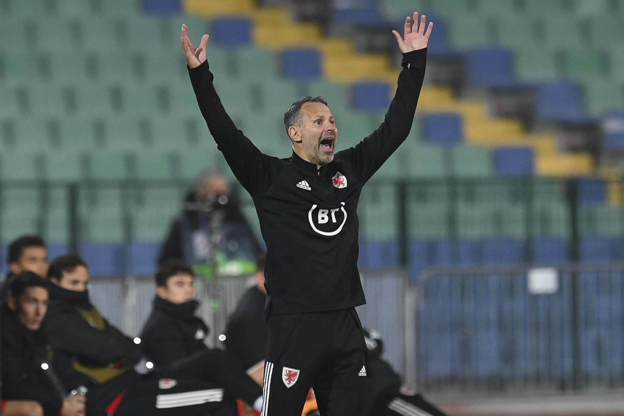 epa08745886 Head coach of Wales National soccer team Ryan Giggs reacts during the UEFA Nations League group stage, league B, group 4 match between Bulgaria and Wales in Sofia, Bulgaria  14 October 2020.  EPA-EFE/VASSIL DONEV