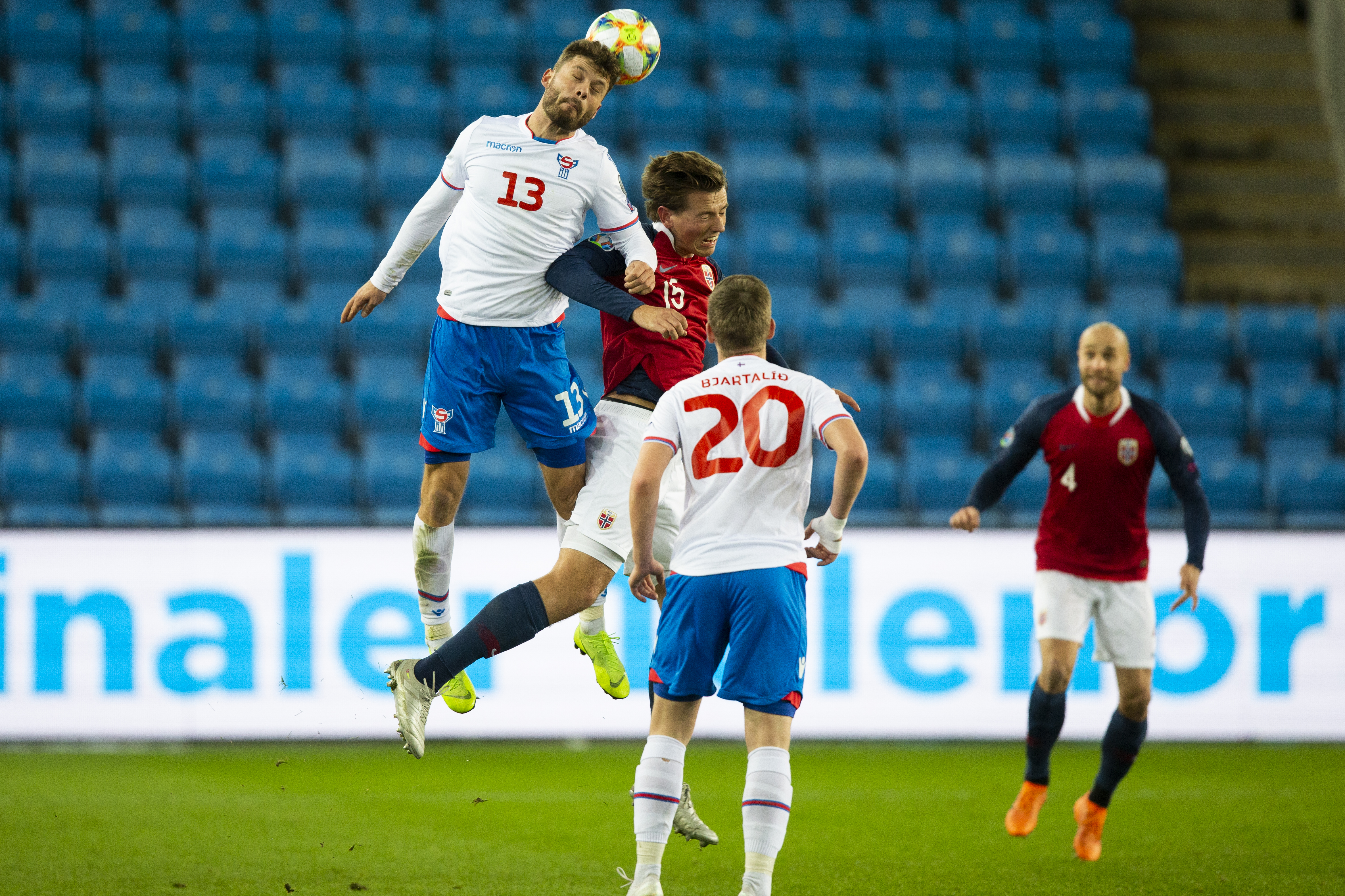 epa08000451  Rogvi Baldvinsson (L) of Faroe Islands challenged by Sander Berge of Norway during the Euro 2020 Qualifier Norway vs Faroe Islands in Oslo,  Norway, 15 November, 2019.  EPA-EFE/Trond Reidar Teigen  NORWAY OUT