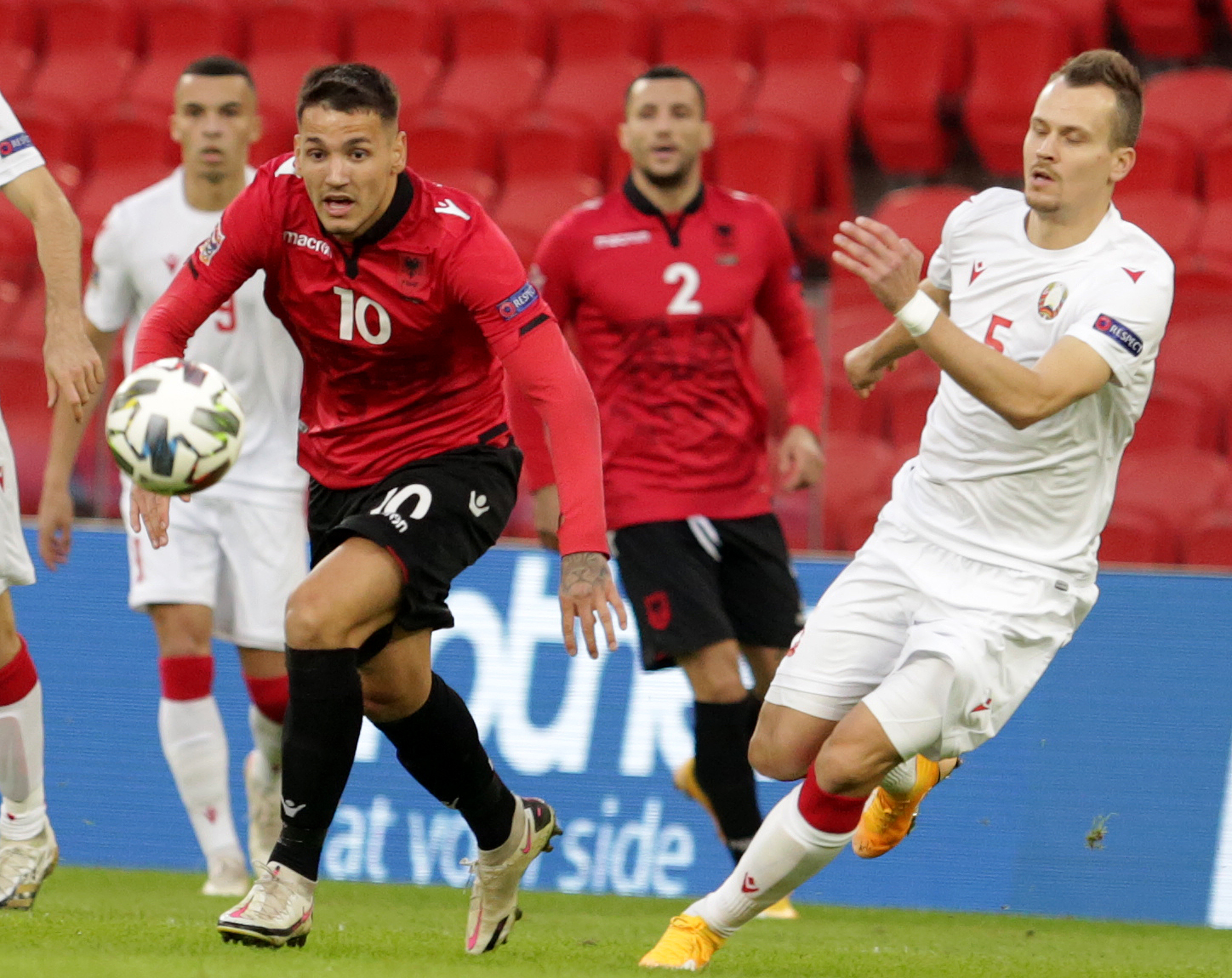 epa08827482 Belarus' Denis Polyakov (R) and Albania's Rei Manaj (L) in action during the UEFA Nations League soccer match between Albania and Belarus in Tirana, Albania, 18 November 2020.  EPA-EFE/Malton Dibra