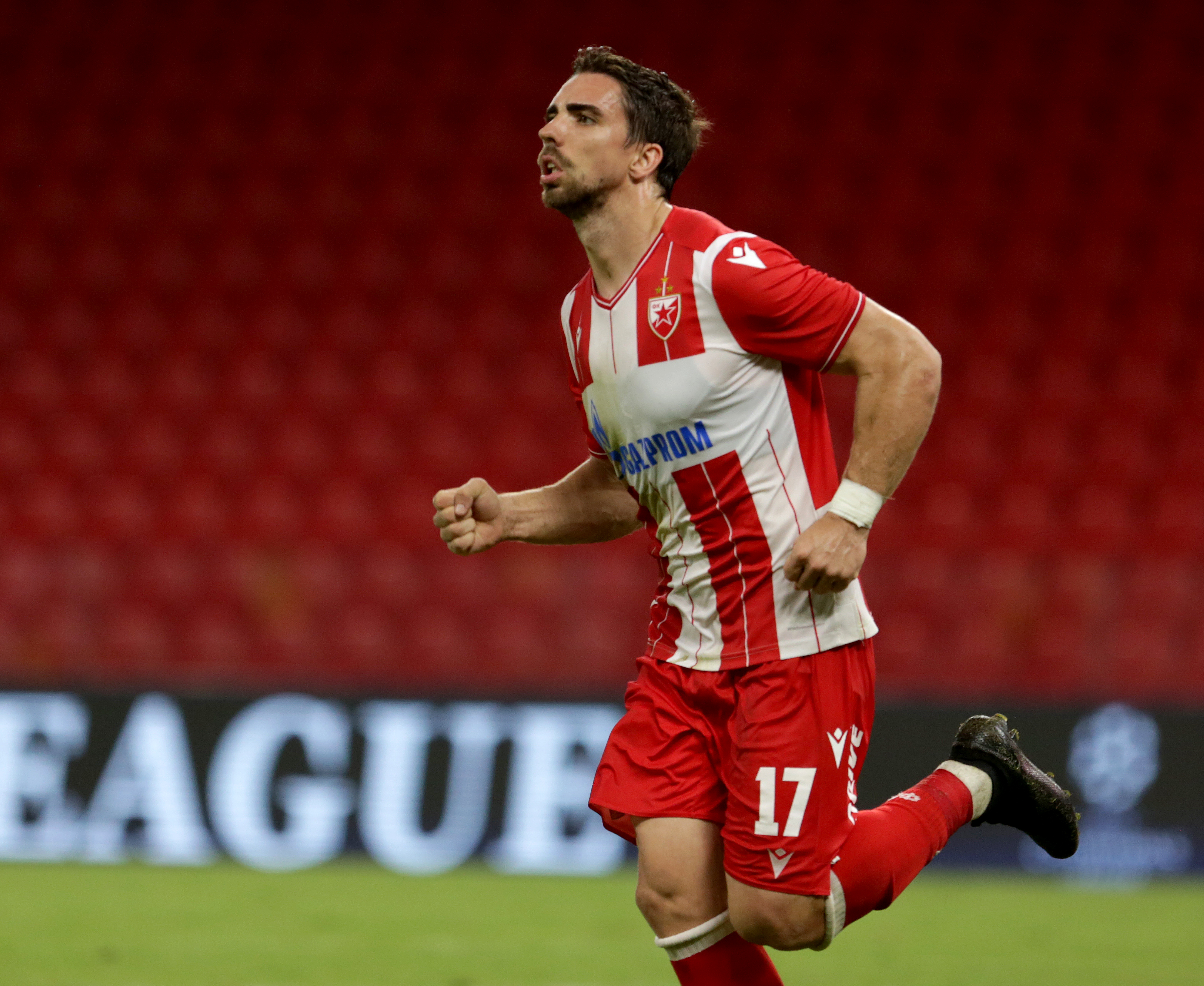 epa08625401 Red Star of Belgrade playerTomane celebrating after scoring during the UEFA Champions League second round of qualification match in Tirana, Albania, 25 August 2020.  EPA-EFE/Malton Dibra