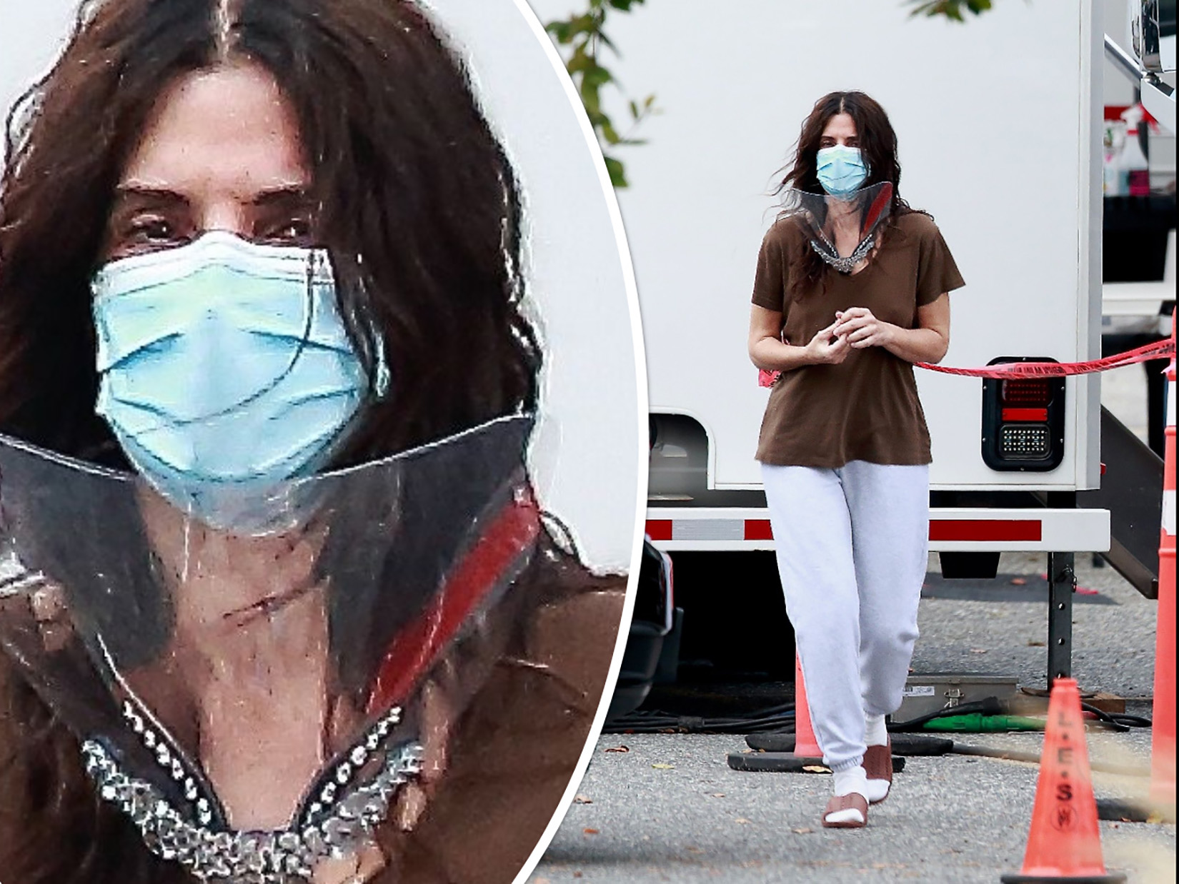 *EXCLUSIVE* Vancouver, CANADA  - Actress Sandra Bullock lets her hair down in between takes on the set of her latest movie filming in Vancouver, BC, Canada.  Bullock also wore a mask and a face shield to protect against COVID.