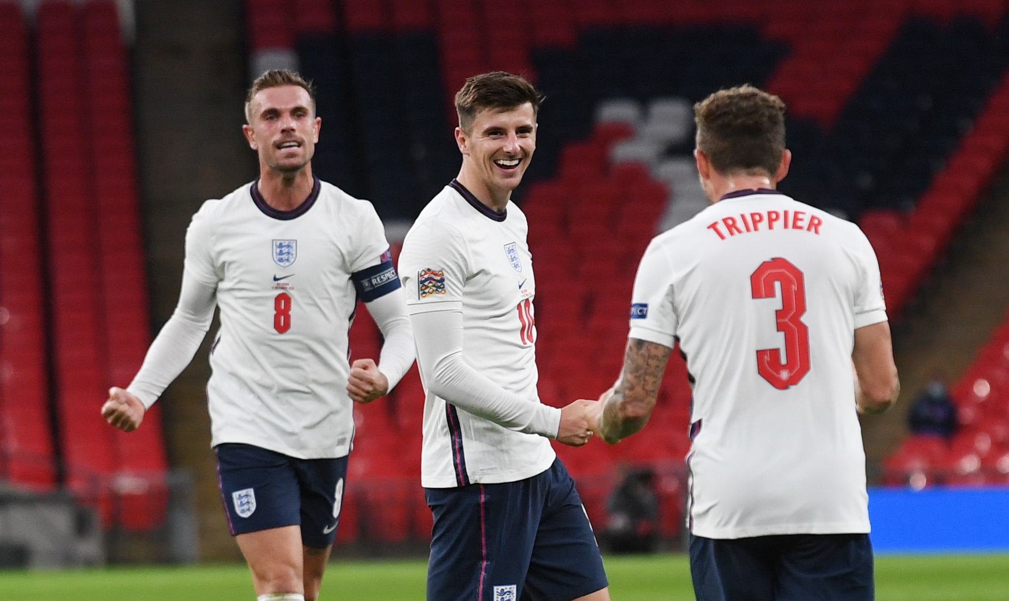 epa08736276 Mason Mount of England (C) celebrates scoring his team's second goal during the UEFA Nations League match between England and Belgium in London, Britain, 11 October 2020.  EPA-EFE/Neil Hall / POOL