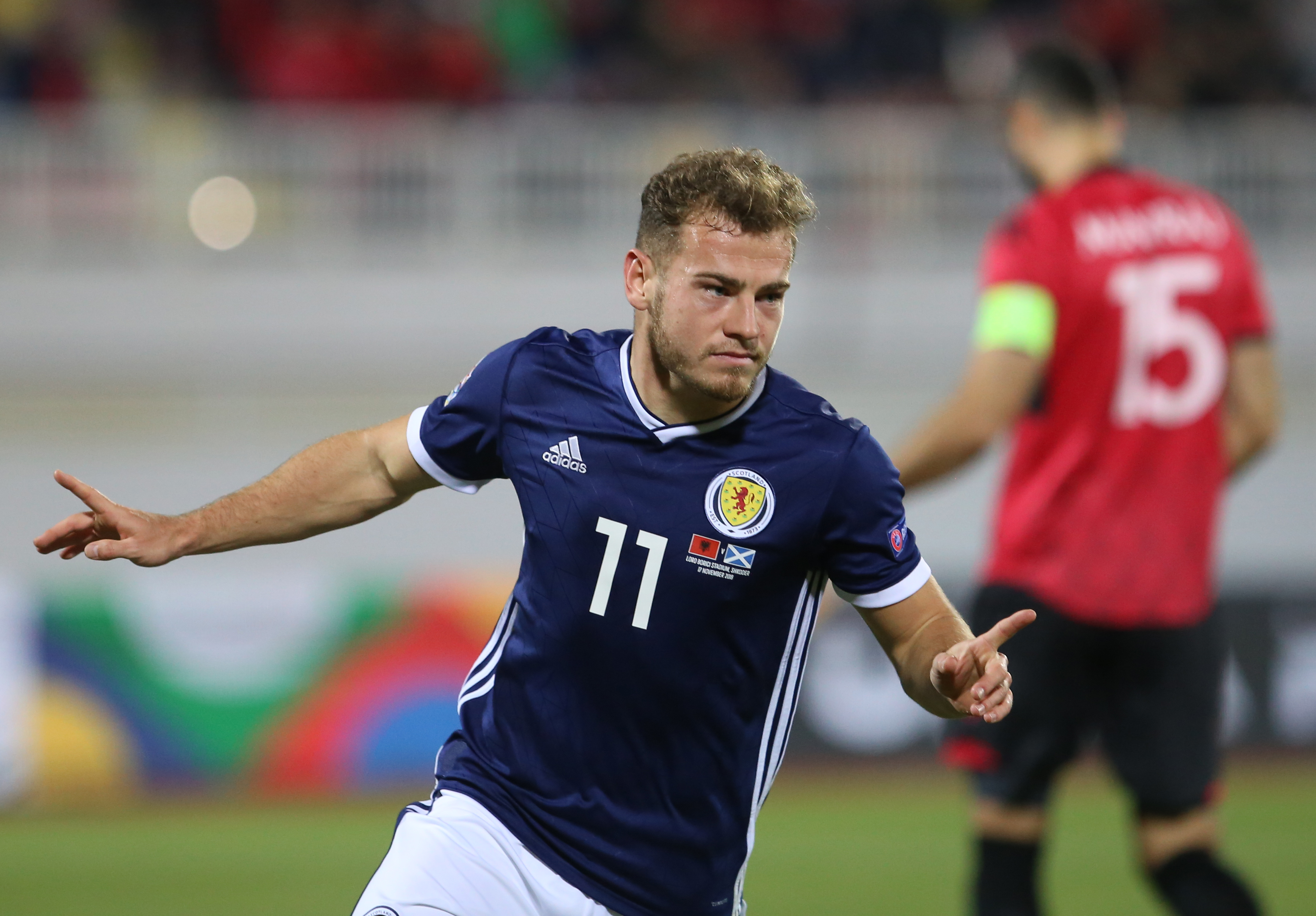epa07173757 Scotland's player Ryan Fraser celebrates after scoring during the UEFA Nations League match between Albania and Scotland at Loro Borici in Shkoder, Albania, 17 November 2018.  EPA-EFE/Malton Dibra