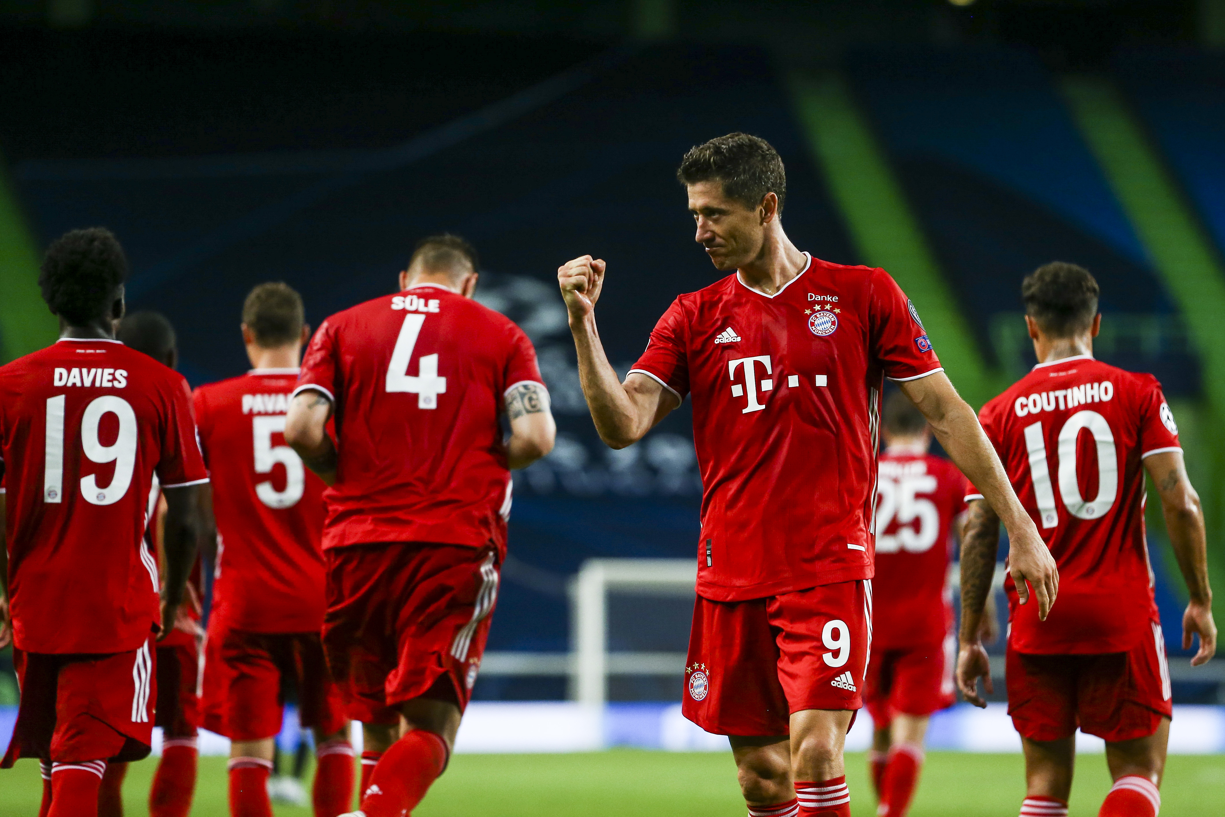 epa08613561 Bayern Munich's Serge Gnabry celebrates after scoring the third goal against Lyon during the UEFA Champions League semi final match held at Jose Alvalade Stadium in Lisbon, Portugal, 19 August 2020.  EPA-EFE/JOSE SENA GOULAO