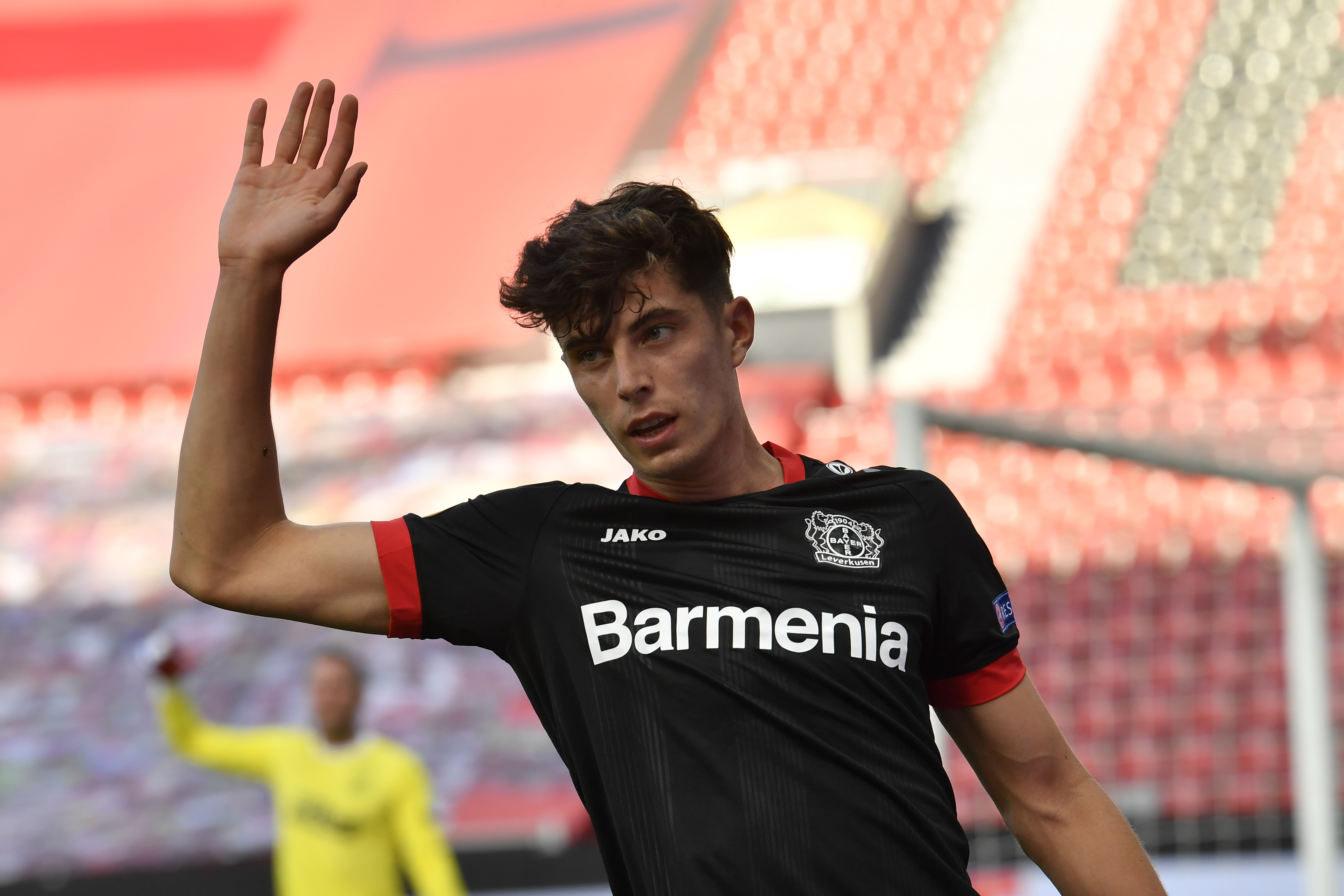 epa08588079 Kai Havertz of Leverkusen reacts during the UEFA Europa League Round of 16 second leg match between Bayer Leverkusen and Glasgow Rangers in Leverkusen, Germany, 06 August 2020.  EPA-EFE/Martin Meissner / POOL