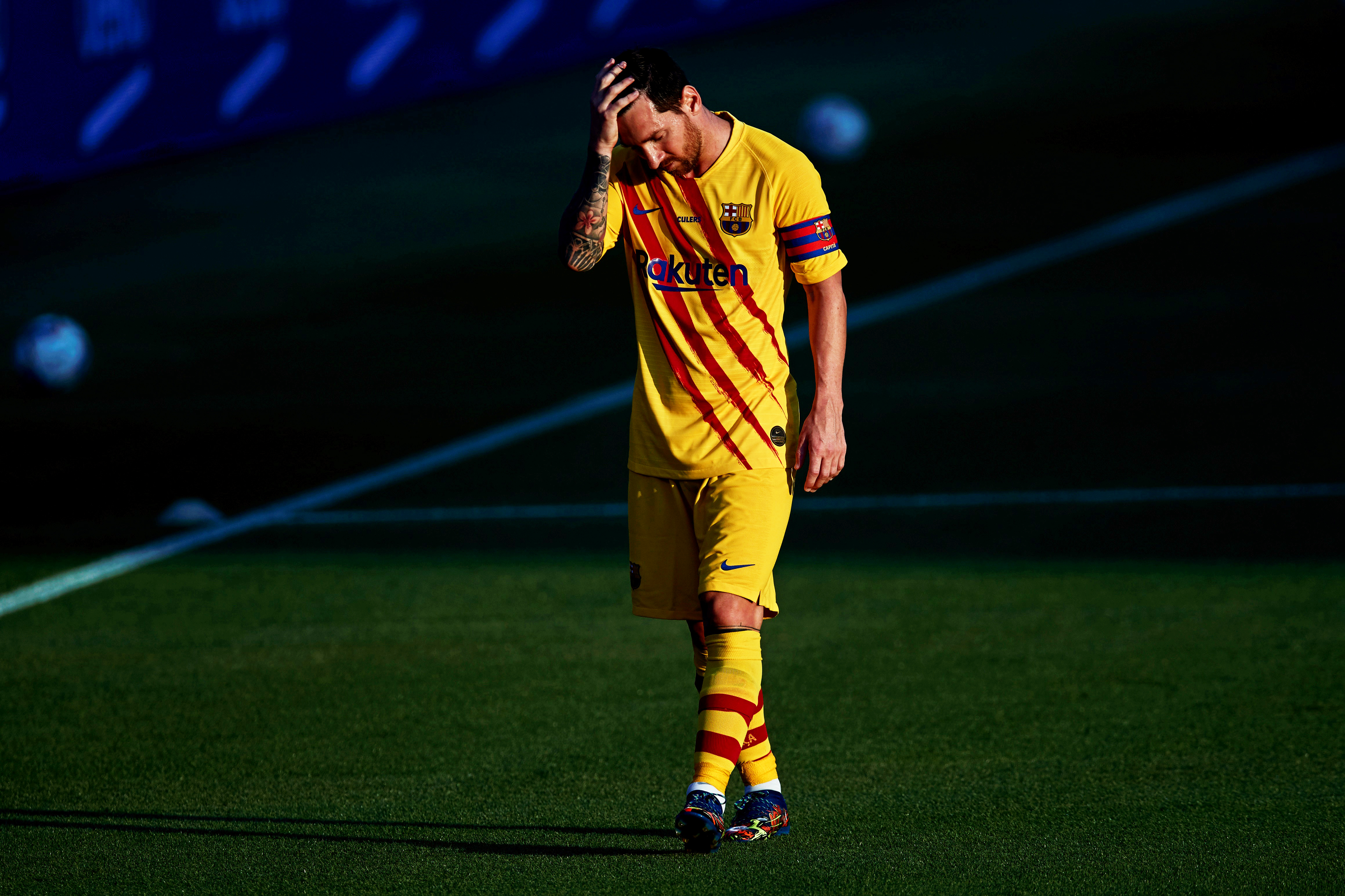 epa08664784 FC Barcelona's Lionel Messi reacts during the pre-season friendly soccer match between FC Barcelona and Gimnastic de Tarragona at Johan Cruyff Stadium in Barcelona, Spain, 12 September 2020.  EPA-EFE/Alejandro Garcia