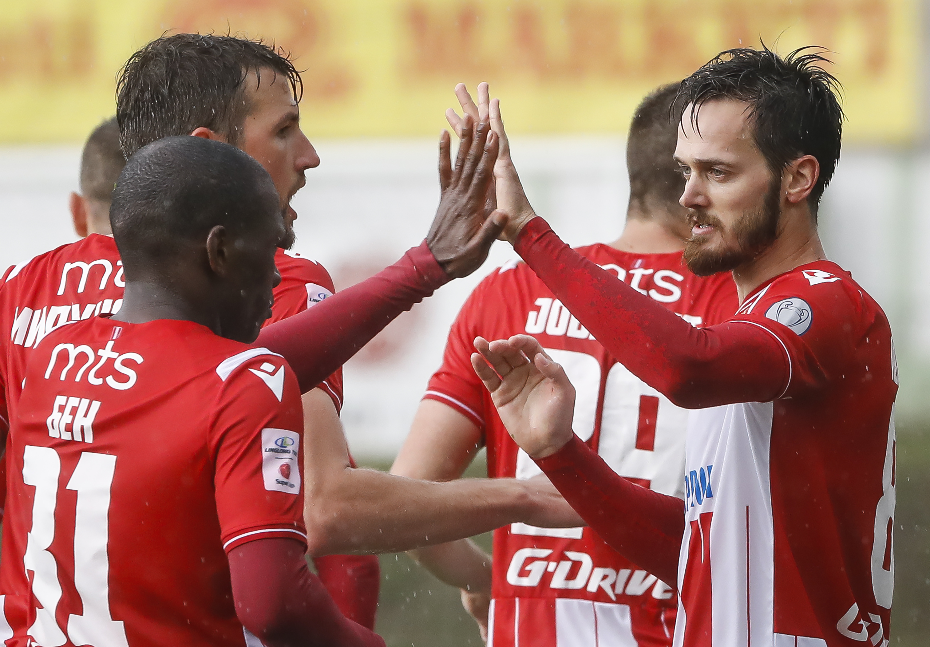 Fudbal Kup Srbije Season 2019-2020
Indjija v Crvena Zvezda
Mirko Ivanic (R) celebrates after scoring a goal with Aleksandar Scekic (C) and El Fardou Ben Nabouhane (L)
Indjija, 02.06.2020.
foto: Srdjan Stevanovic/Starsportphoto ©
