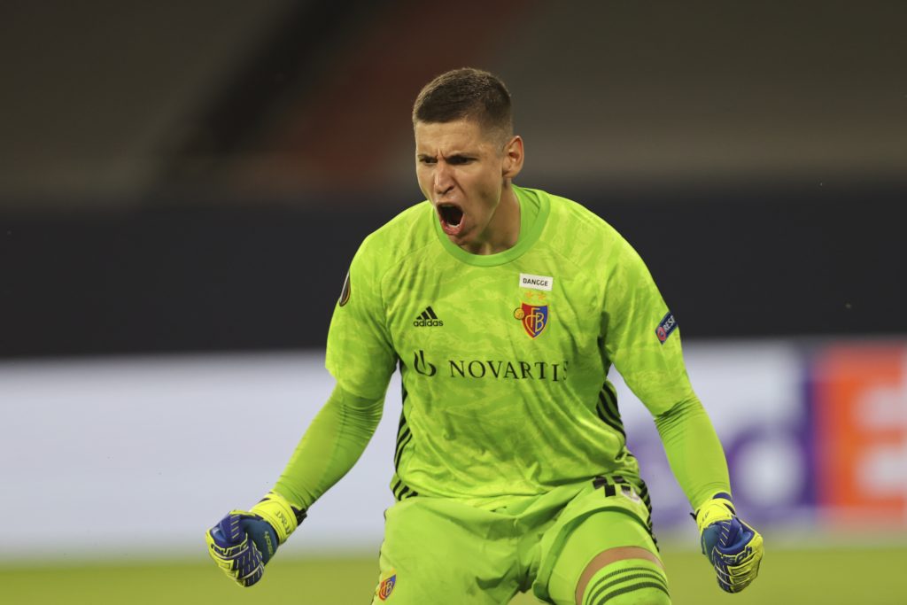 epa08598003 Goalkeeper Djordje Nikolic of Basel reacts during the UEFA Europa League quarter final match between Shakhtar Donetsk and FC Basel in Gelsenkirchen, Germany, 11 August 2020.  EPA-EFE/Wolfgang Rattay / POOL