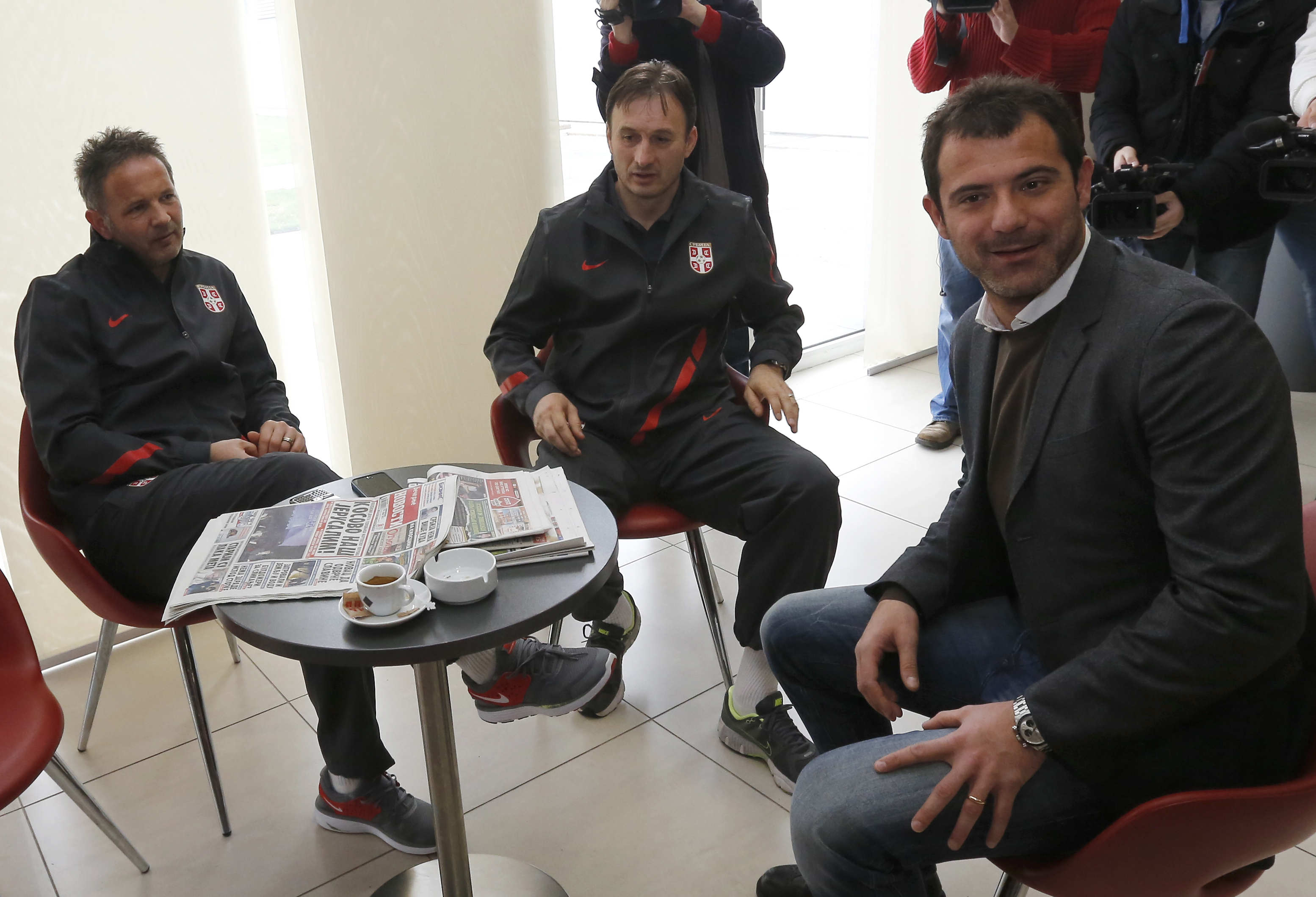 Fudbal Soccer World Cup FIFA 2014 Brazil.Okupljanje reprezentacije pred kvalifikacioni mec sa Hrvatskom u Zagrebu.Head coach SInisa Mihajlovic Miroslav Tanjga and Dejan Stankovic.Stara Pazova, 03.18.2013..foto: Srdjan Stevanovic/Starsportphoto ©