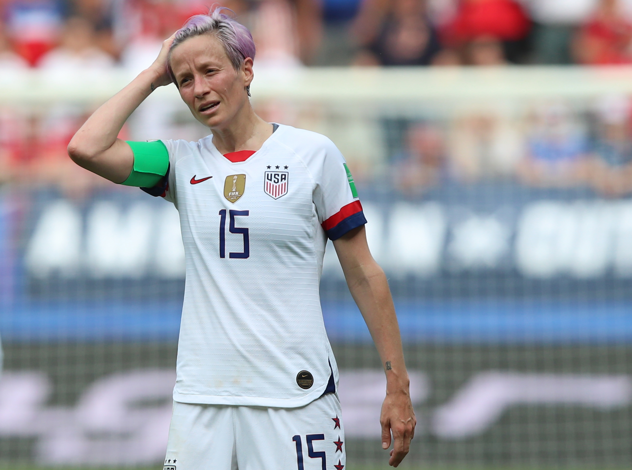 epa07670923 Megan Rapinoe of USA reacts during the FIFA Women's World Cup 2019 round of 16 soccer match between Spain and USA at Reims, France, 24 June 2019.  EPA-EFE/TOLGA BOZOGLU