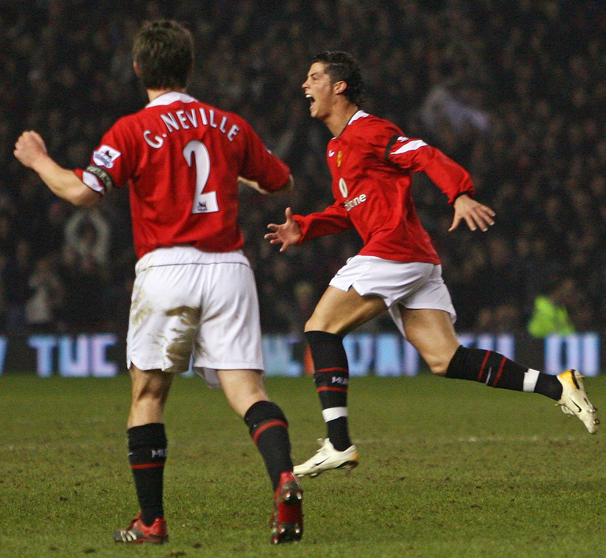 Manchester United's Ronaldo celebrates his goal against Fulham during their English Premier League soccer match in Manchester