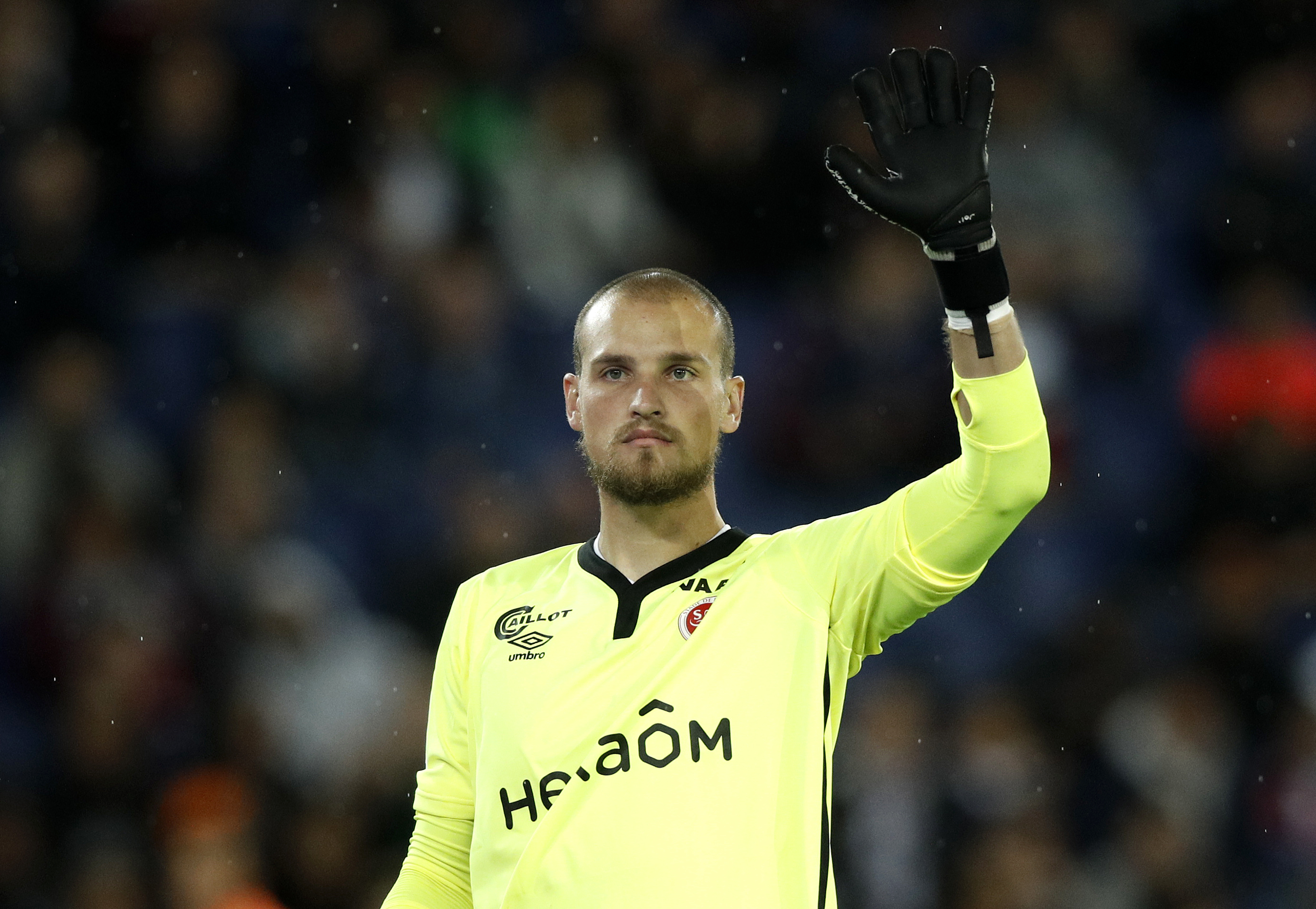 epa07869372 Predrag Rajkovic of Reims reacts during the French Ligue 1 soccer match, Paris Saint Germain vs Stade de Reims at the Parc des Princes stadium in Paris, France, 25 September 2019.  EPA-EFE/YOAN VALAT