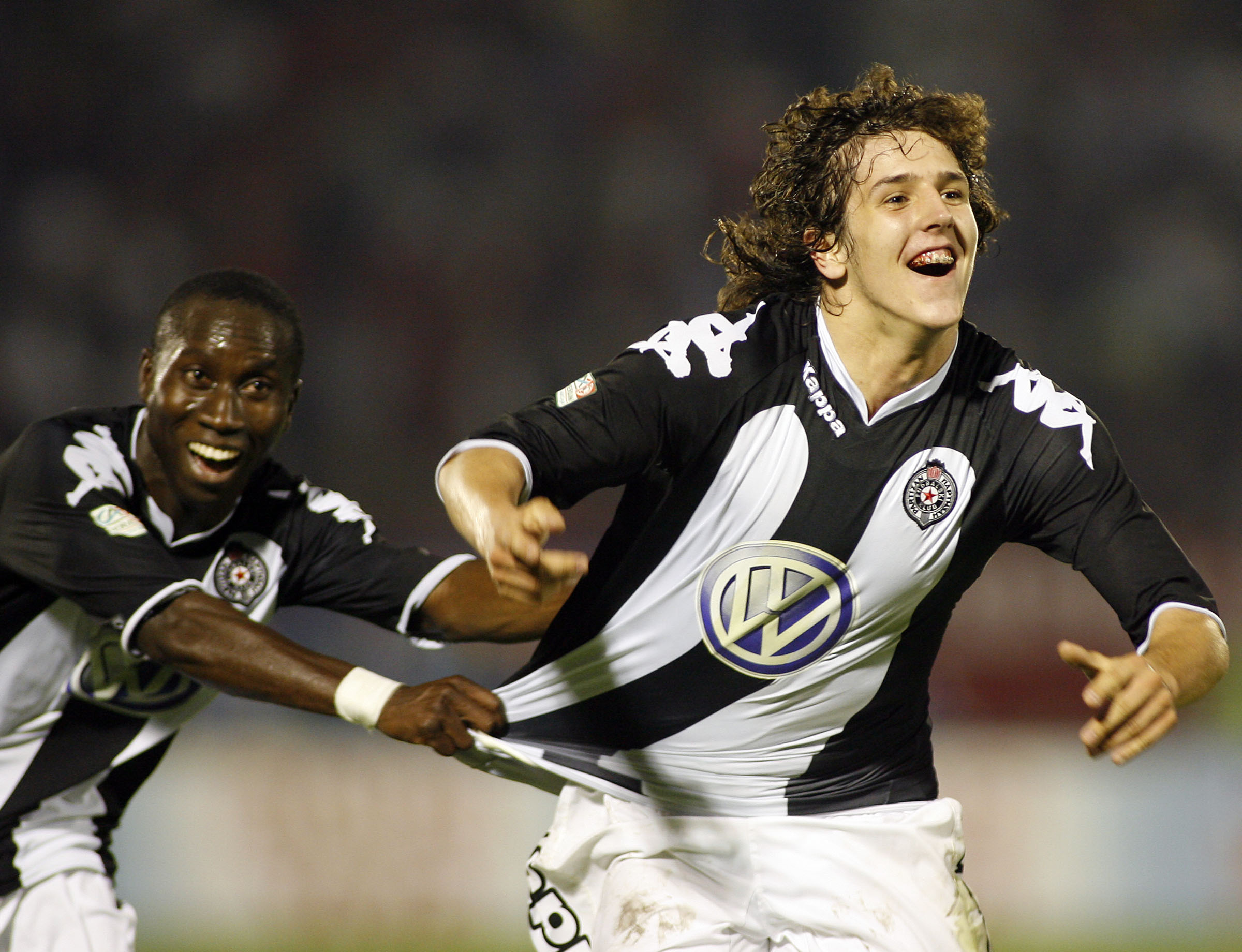 Fudbal, Derbi, Super liga, sezona 2007/08.Partizan Vs. Crvena Zvezda (Red Star).Stevan Jovetic, right and Lamine Diarra, left, celebrate scire.Beograd, 29.09.2007..foto: Srdjan Stevanovic