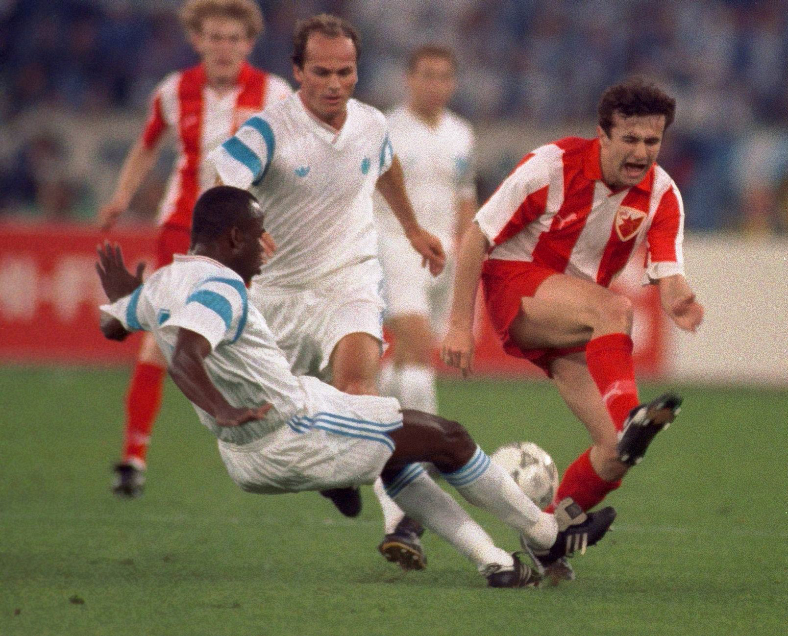 Red Star Belgrade v Marseille 29/5/91 Champions League final 
Pic : Action Images  
Red Star's Dejan Savicevic is caught by Marseille's Basile Boli - MT1ACI77774