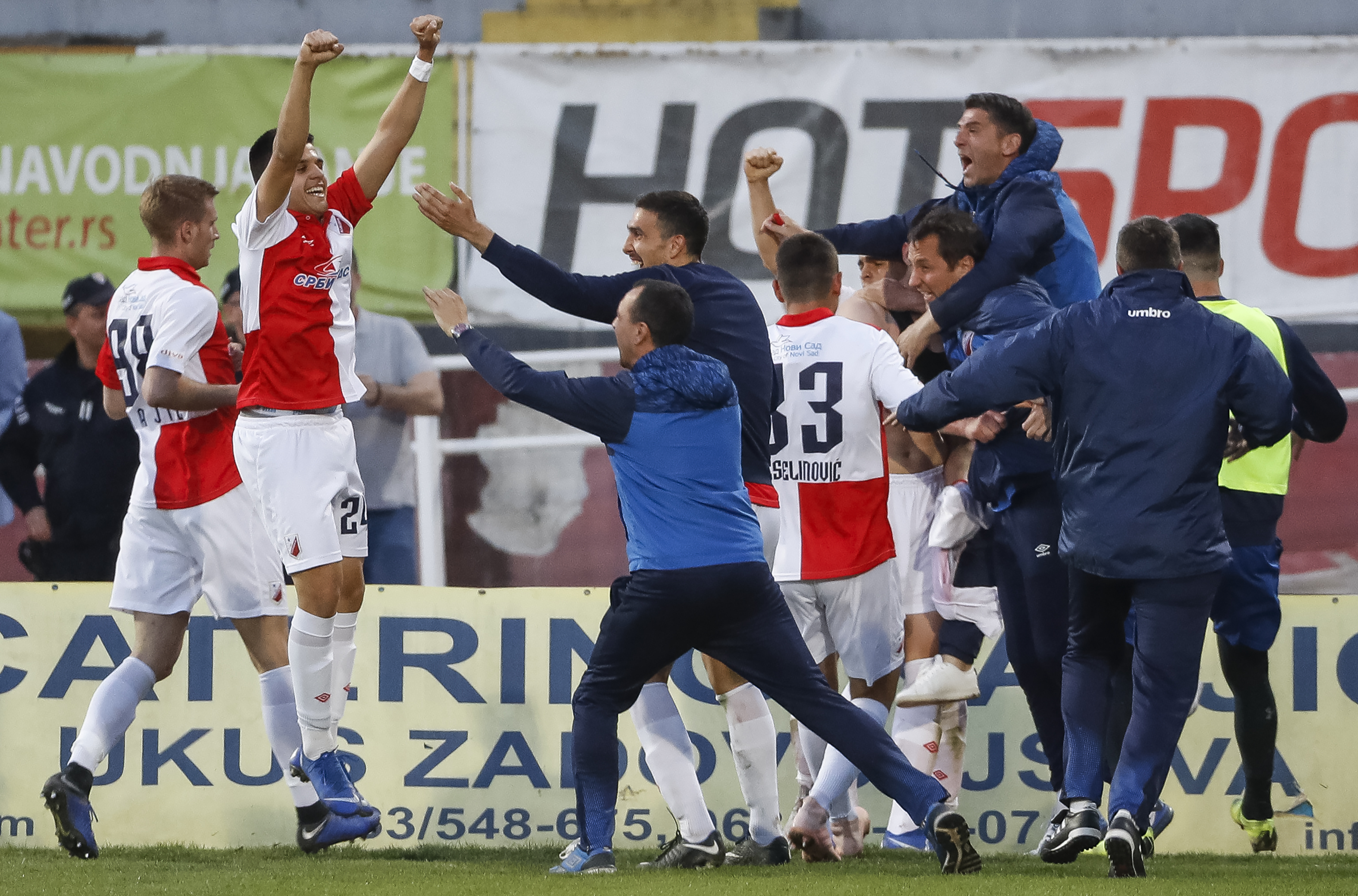 Fudbal Super Liga-Season 2018-2019
Vojvodina v Partizan
Nikola Gajic (L) Dejan Zukic (C) Head coach Radovan Krivokapic (R) celebrate 
Novi Sad, 07.04.2019.
foto: Srdjan Stevanovic/Starsportphoto ©