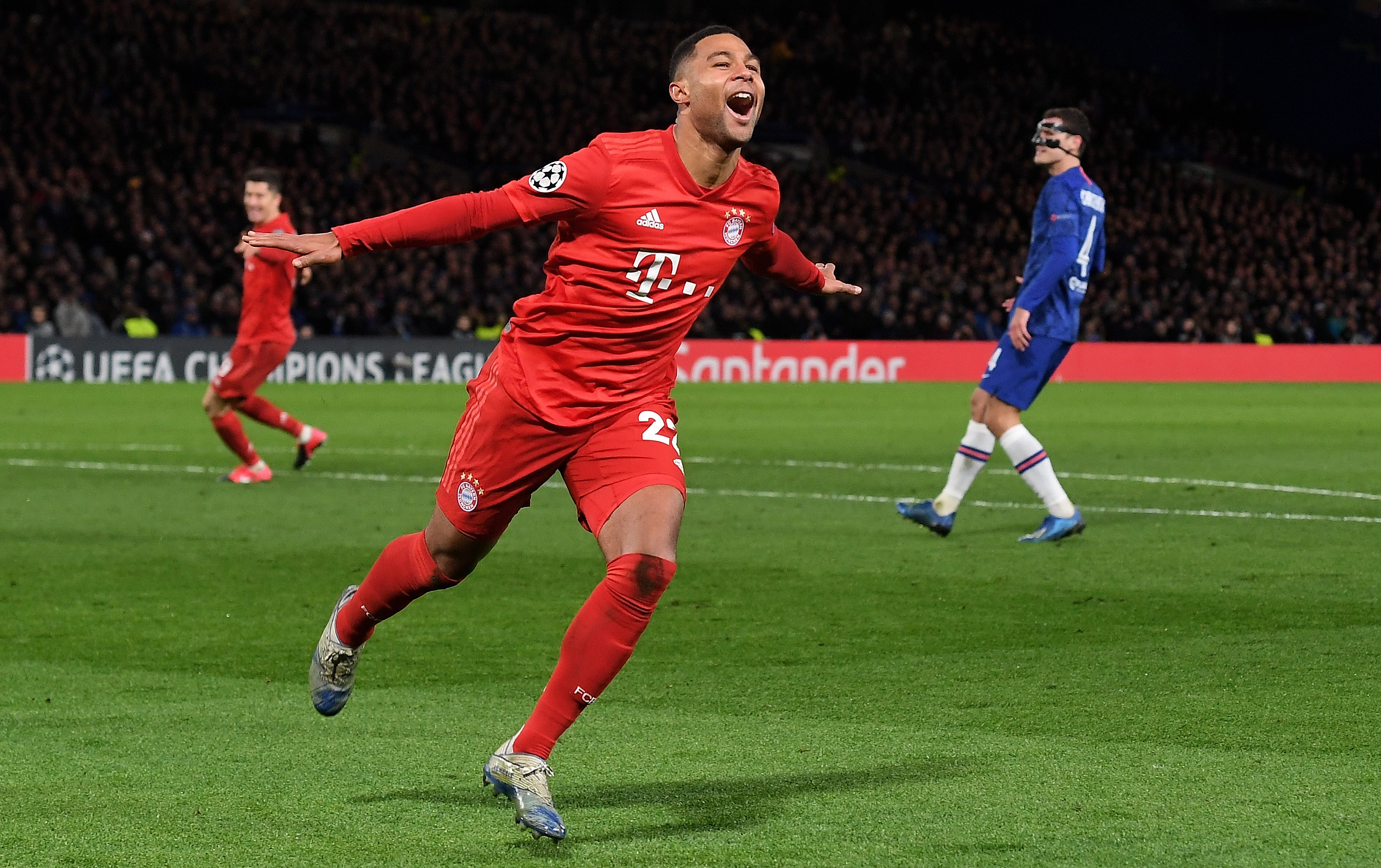 epa08247817 Bayern's Serge Gnabry celebrates scoring the second goal during the UEFA Champions League Round of 16, first leg match between Chelsea FC and Bayern Munich in London, Britain, 25 February 2020.  EPA-EFE/ANDY RAIN