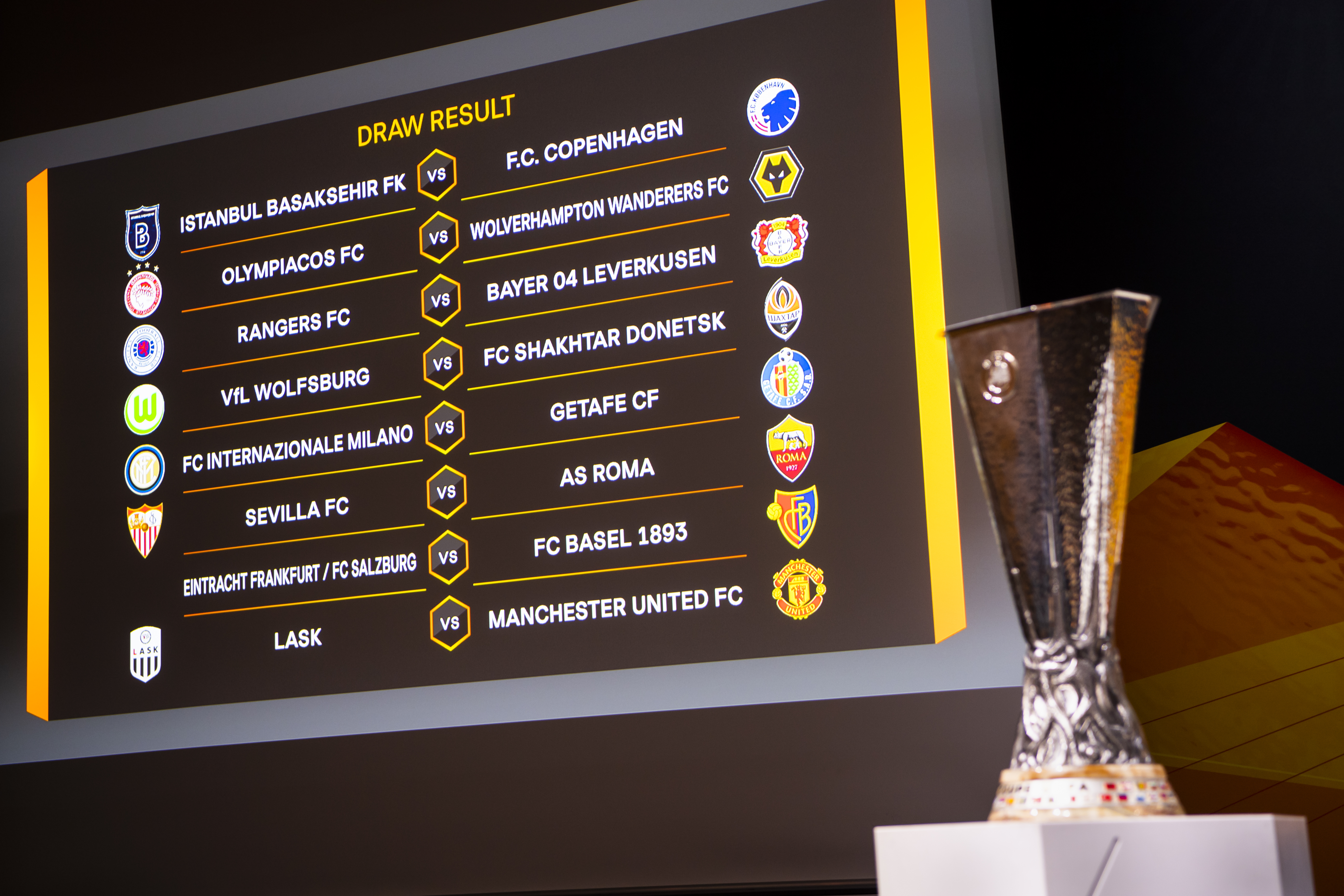 epa08255317 The match fixtures are shown on an electronic panel during the UEFA Europa League 2019/20 Round of 16 draw, at the UEFA Headquarters in Nyon, Switzerland, 28 February 2020.  EPA-EFE/JEAN-CHRISTOPHE BOTT