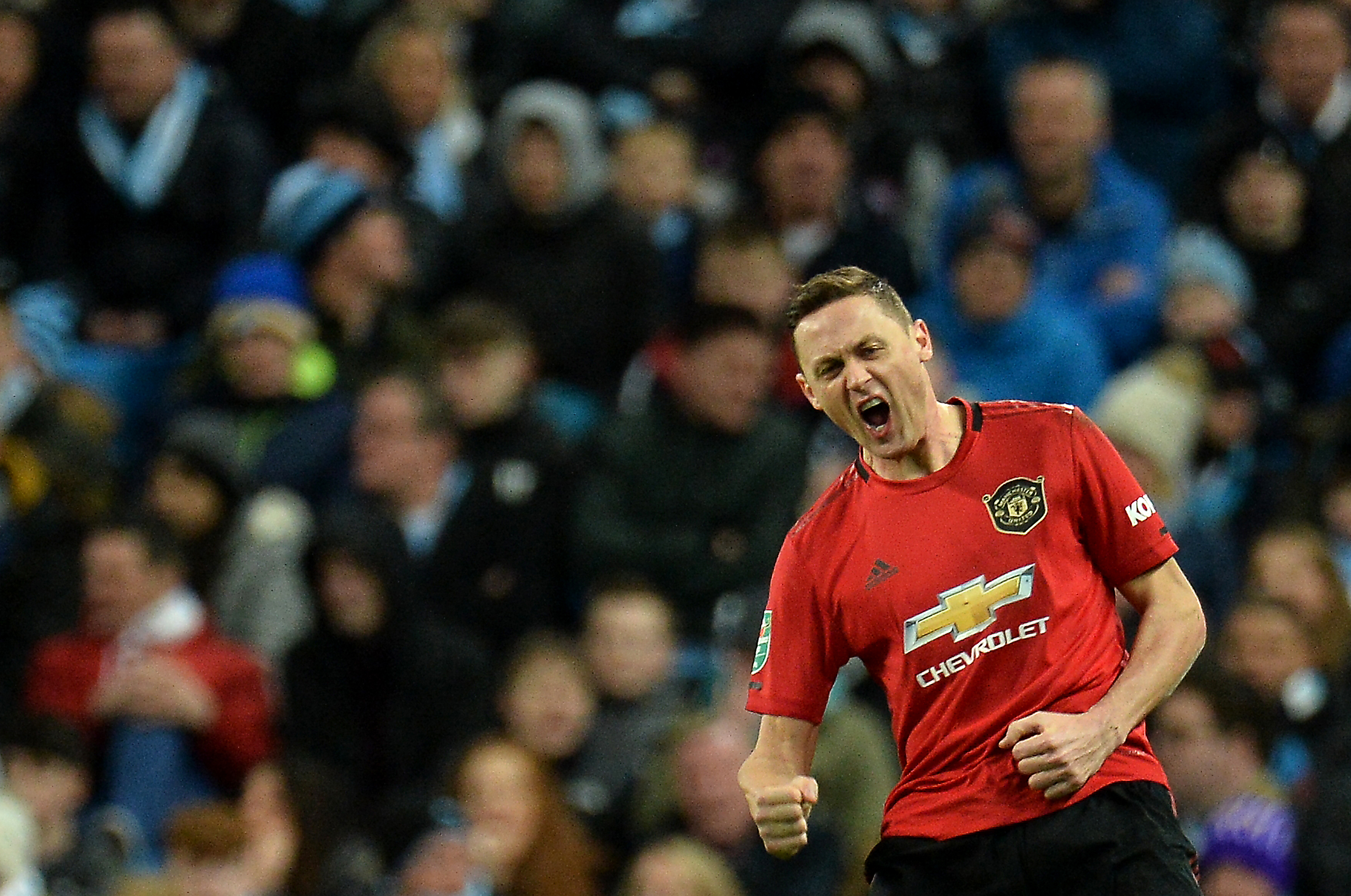 epa08176883 Nemanja Matic of Manchester United celebrates scoring the 1-0 during the Carabao Cup semi final second leg match between Manchester City and Manchester United in Manchester, Britain, 29 January 2020.  EPA-EFE/PETER POWELL