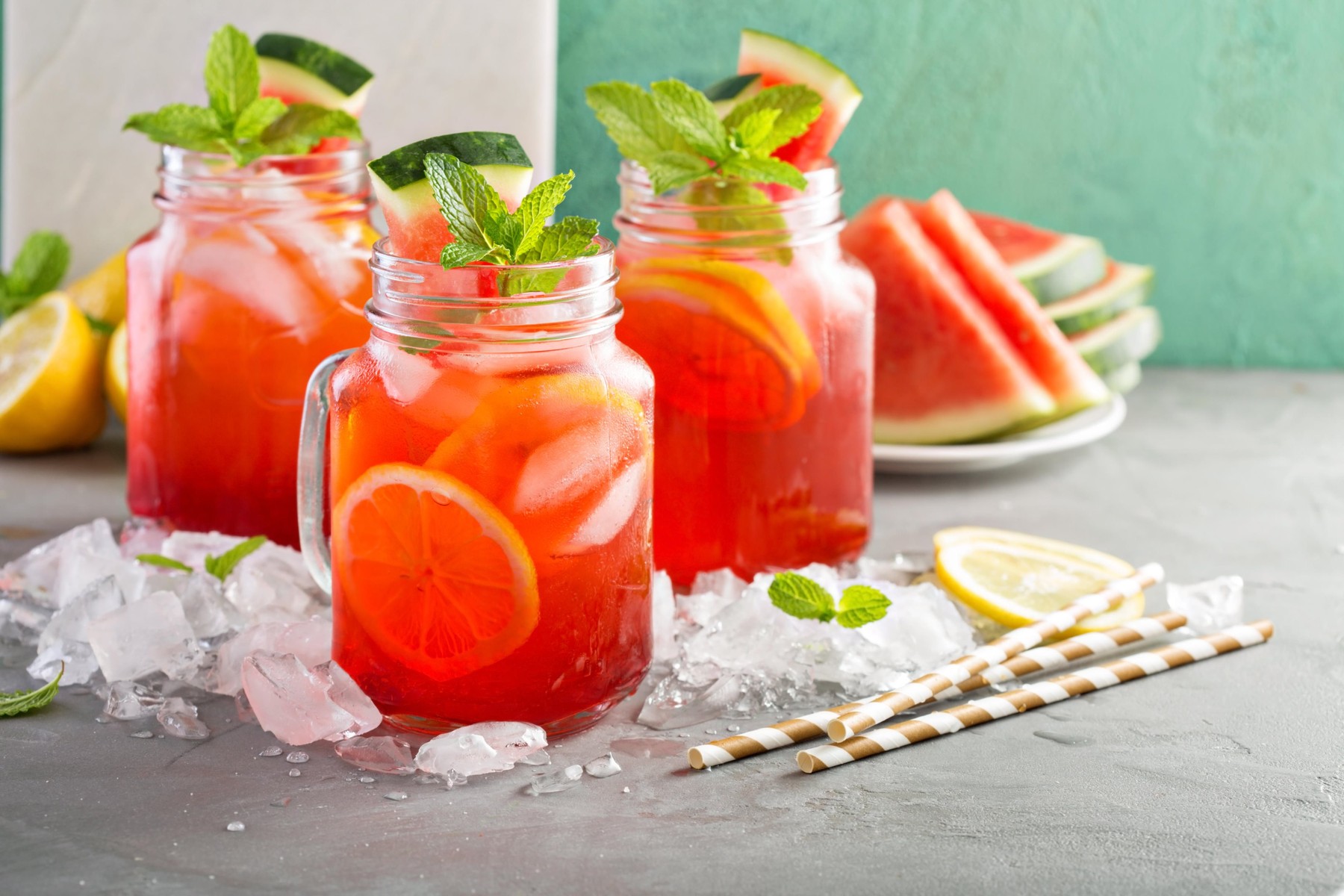 Watermelon lemonade in mason jars with lemon,Image: 346722653, License: Royalty-free, Restrictions: , Model Release: no, Credit line: Elena Veselova / Alamy / Alamy / Profimedia