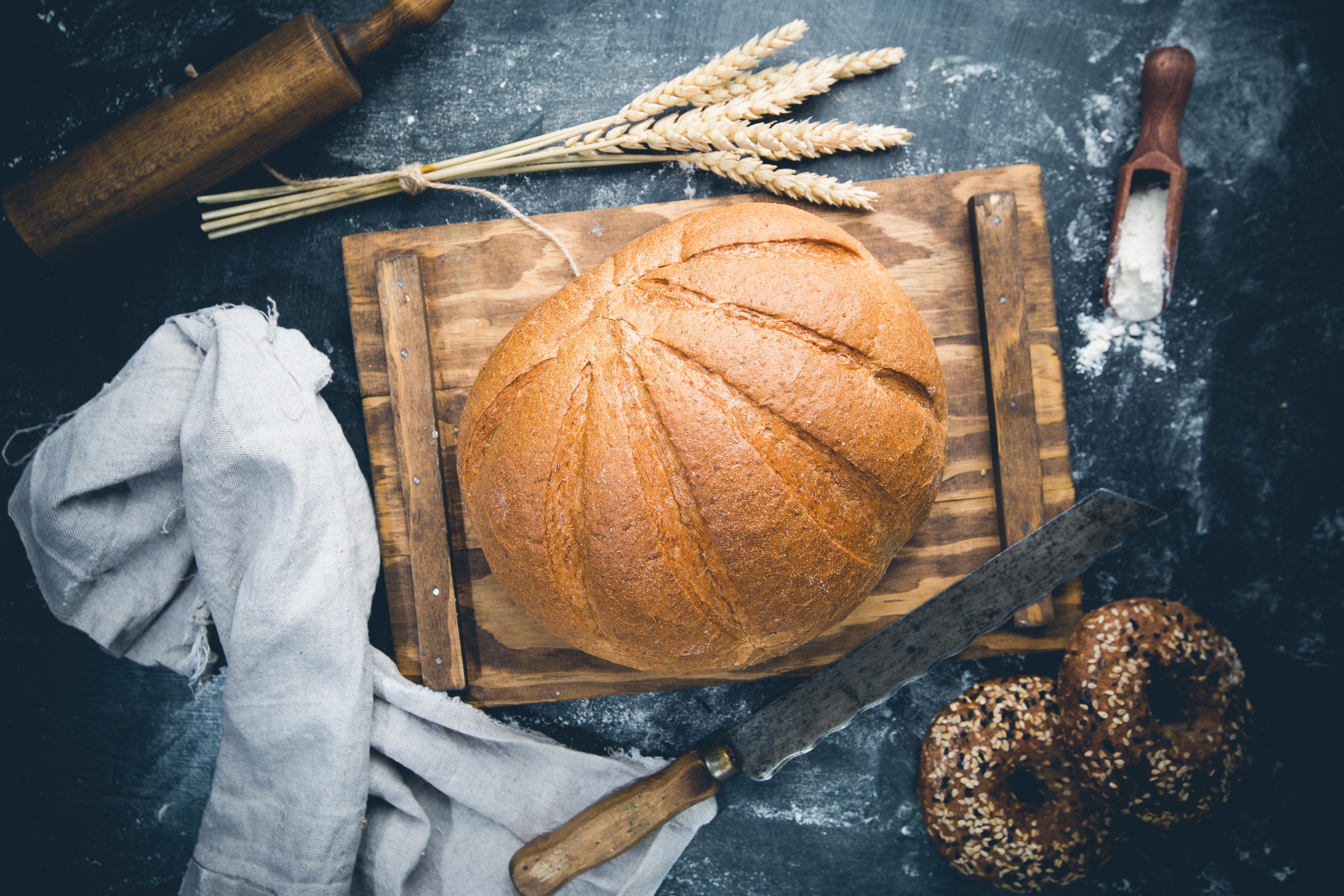 Fresh homemade crisp bread, top view. French bread. Bread at leaven. Unleavened bread