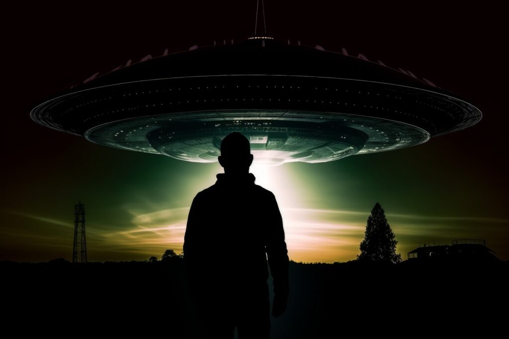 Man near ufo. Sky space night. Generate Ai,Image: 832194094, License: Royalty-free, Restrictions: , Model Release: no, Credit line: Ivan Ryabokon / Panthermedia / Profimedia