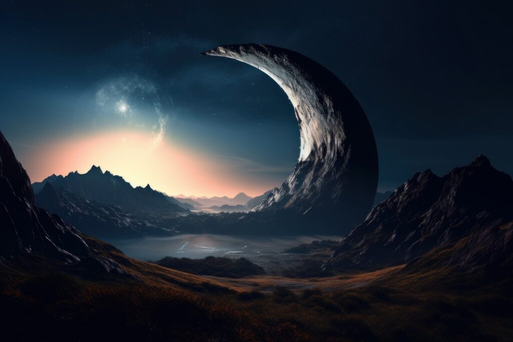 Crescent planet moon surface. Cosmos space. Generate Ai,Image: 836500015, License: Royalty-free, Restrictions: , Model Release: no, Credit line: Ivan Ryabokon / Panthermedia / Profimedia