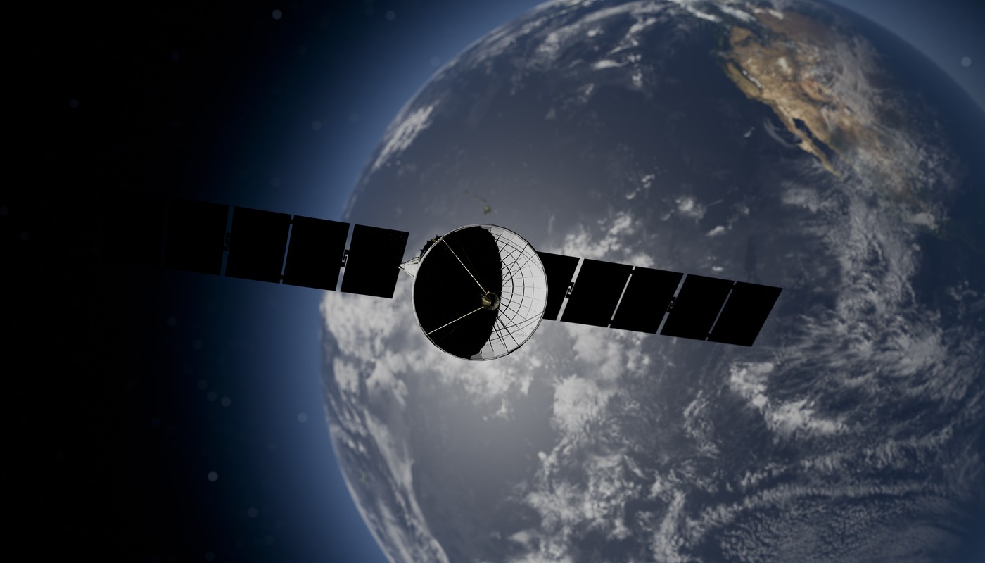 Illustration of a satellite orbits Earth against the backdrop of space.