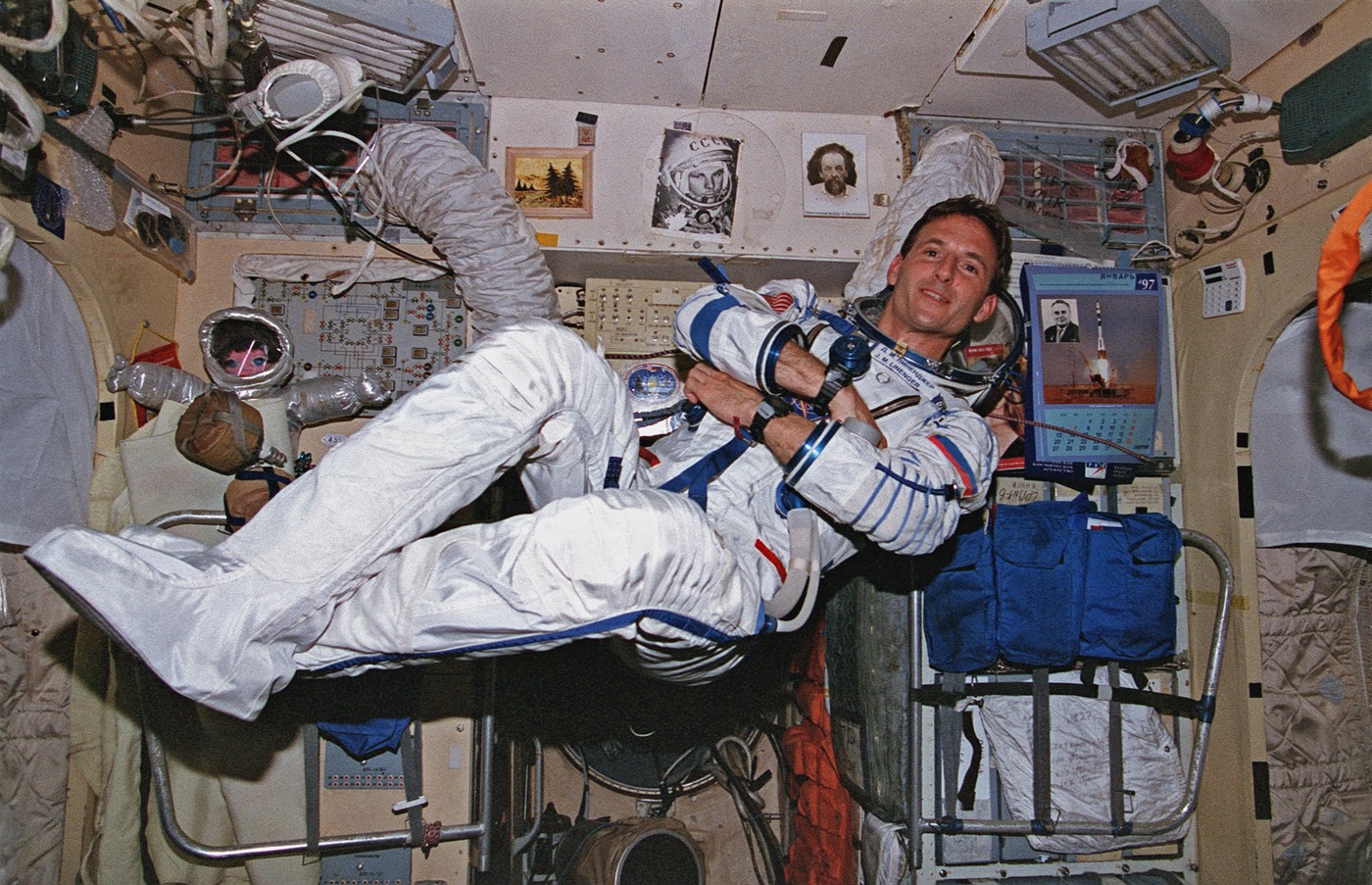 On Russia's Mir Space Station Base Block Module, astronaut Jerry Linenger, is pictured soon after assuming duties as cosmonaut guest researcher ca. 1997