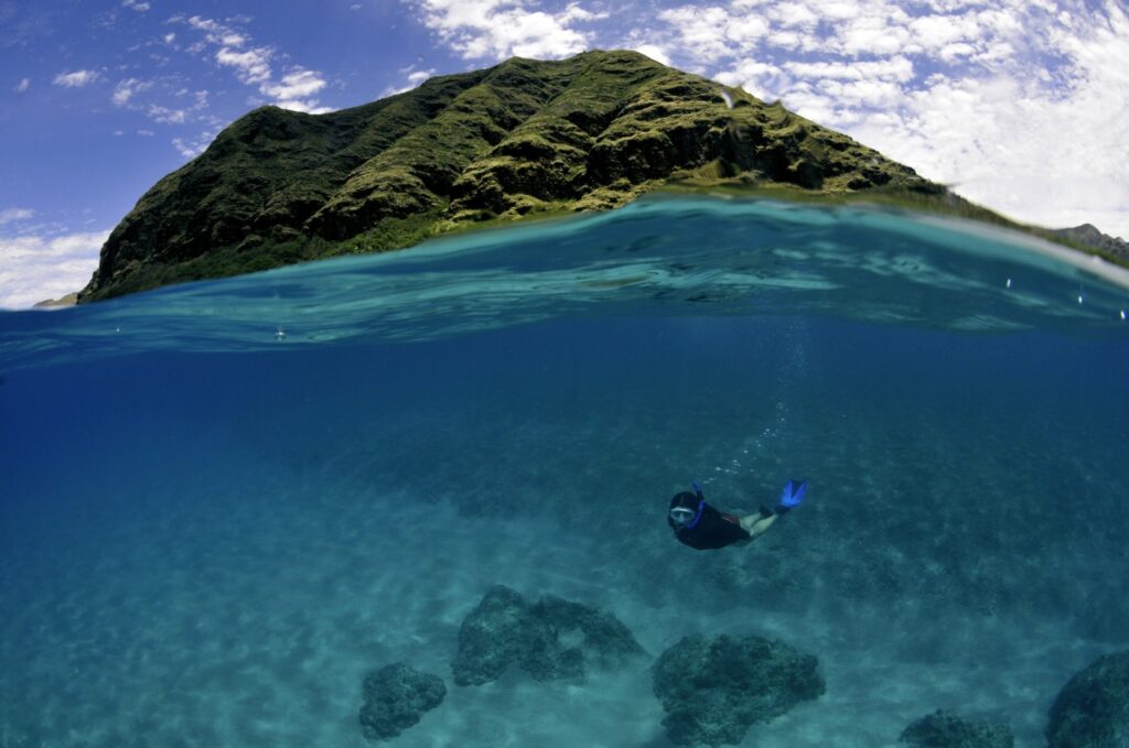Split image of snorkeler and costal hill, Makua Beach, Oahu, Hawaii, USA,Image: 952258880, License: Rights-managed, Restrictions: No, 1, Model Release: no, Credit line: Andre Seale / VWPics / Profimedia
