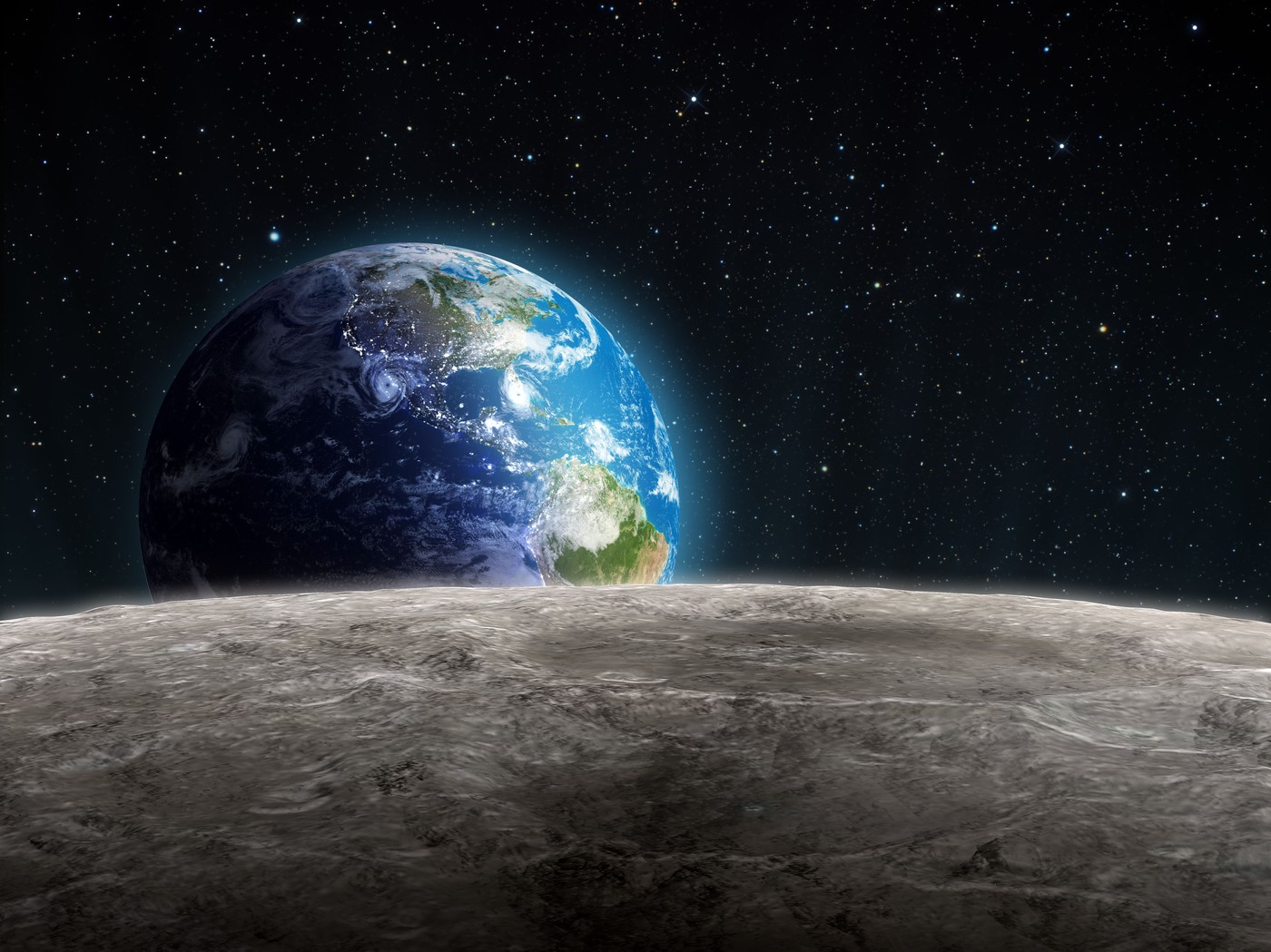 View of the rising Earth seen from the Moon's surface